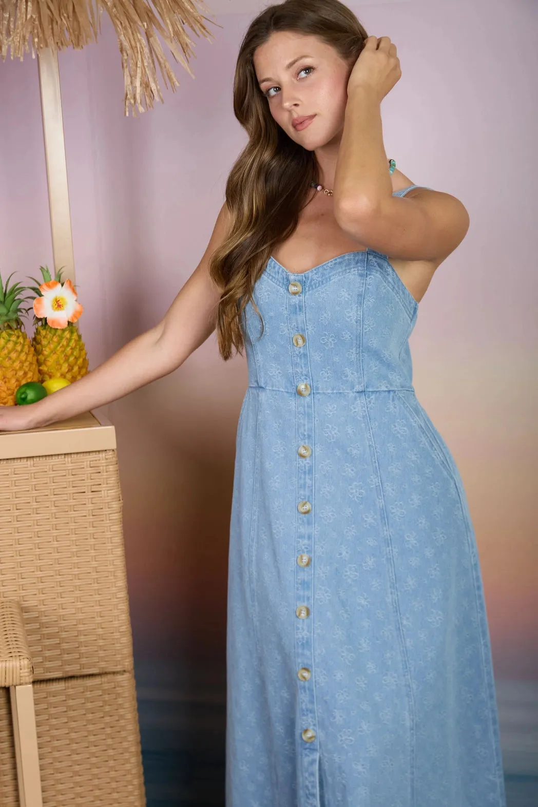 Floral Denim Midi Dress sold by Valencia Boutique product image thumbnail 3