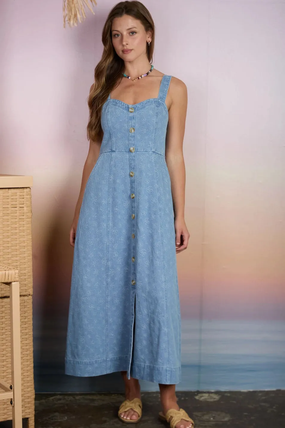 Floral Denim Midi Dress sold by Valencia Boutique