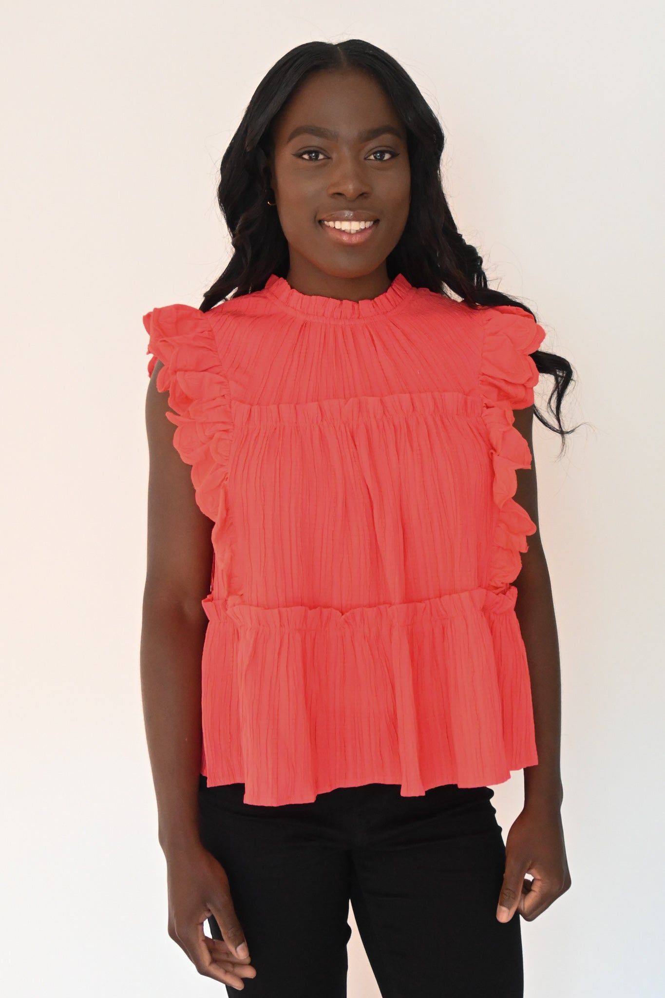 Texture Ruffle Tank sold by Valencia Boutique