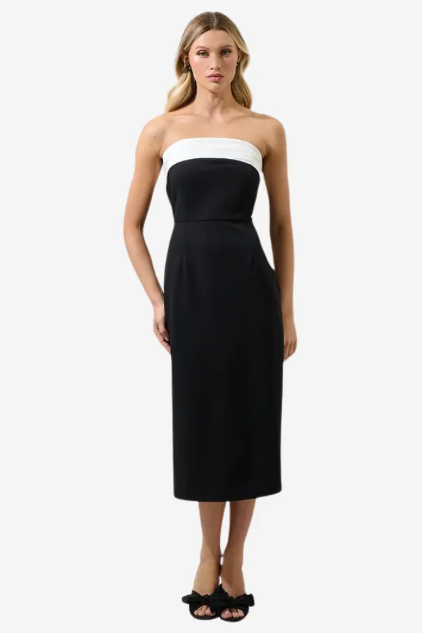 Tuxedo Strapless Midi Dress sold by Valencia Boutique