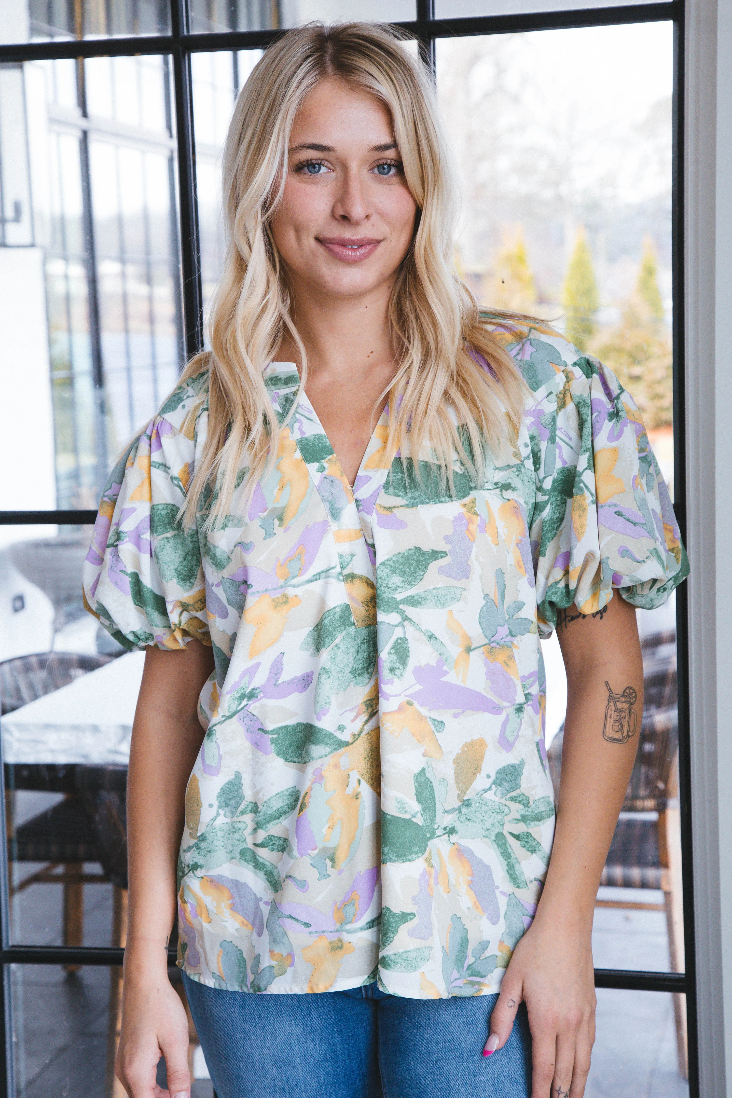 Harlee Floral Bubble Sleeve Top, Lavender Combo sold by North & Main Clothing Company