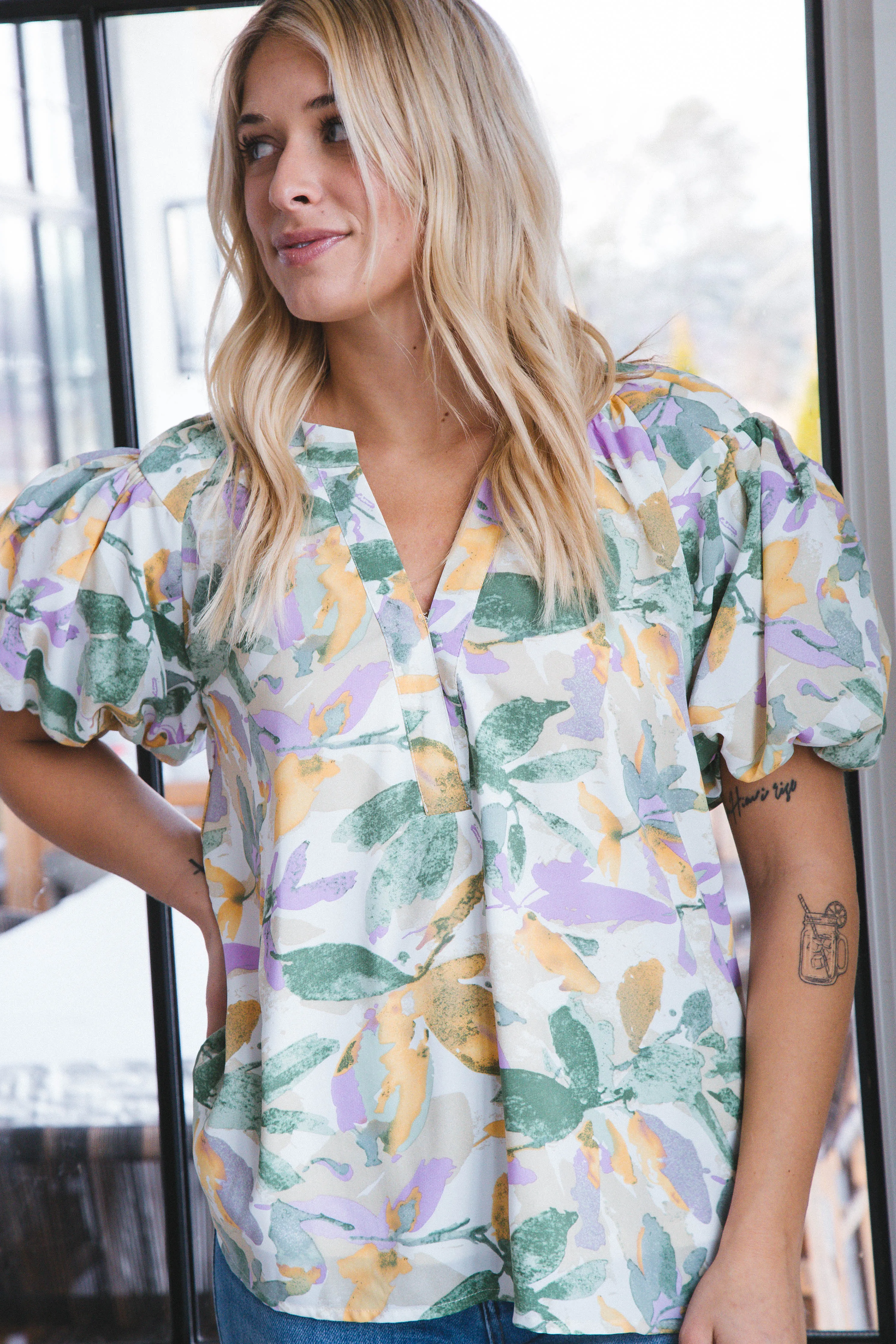 Harlee Floral Bubble Sleeve Top, Lavender Combo sold by North & Main Clothing Company product image thumbnail 4