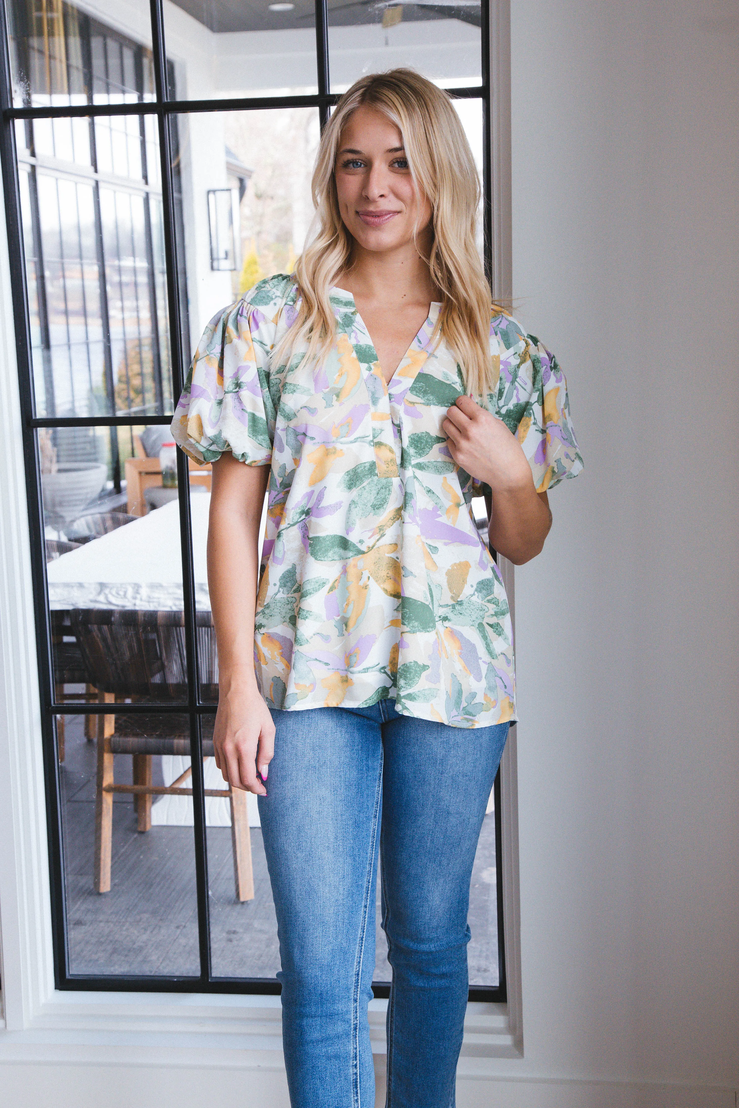 Harlee Floral Bubble Sleeve Top, Lavender Combo sold by North & Main Clothing Company product image thumbnail 2