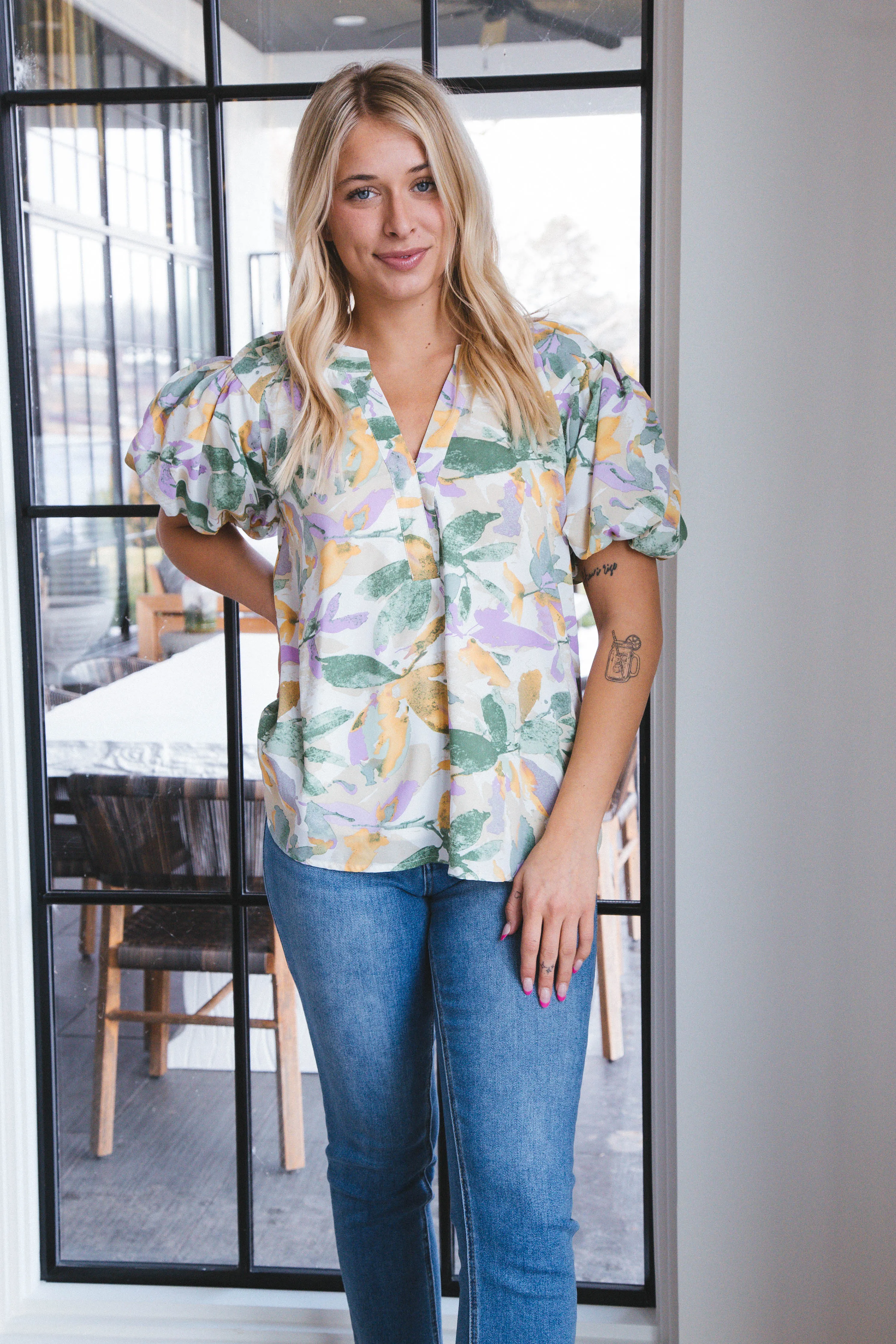 Harlee Floral Bubble Sleeve Top, Lavender Combo sold by North & Main Clothing Company product image thumbnail 3