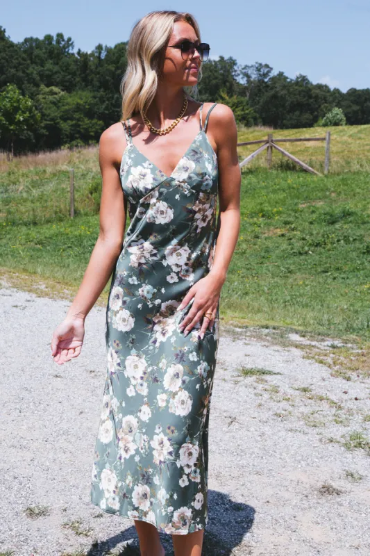 Getaway Satin Floral Midi Dress, Hunter Green Multi sold by North & Main Clothing Company