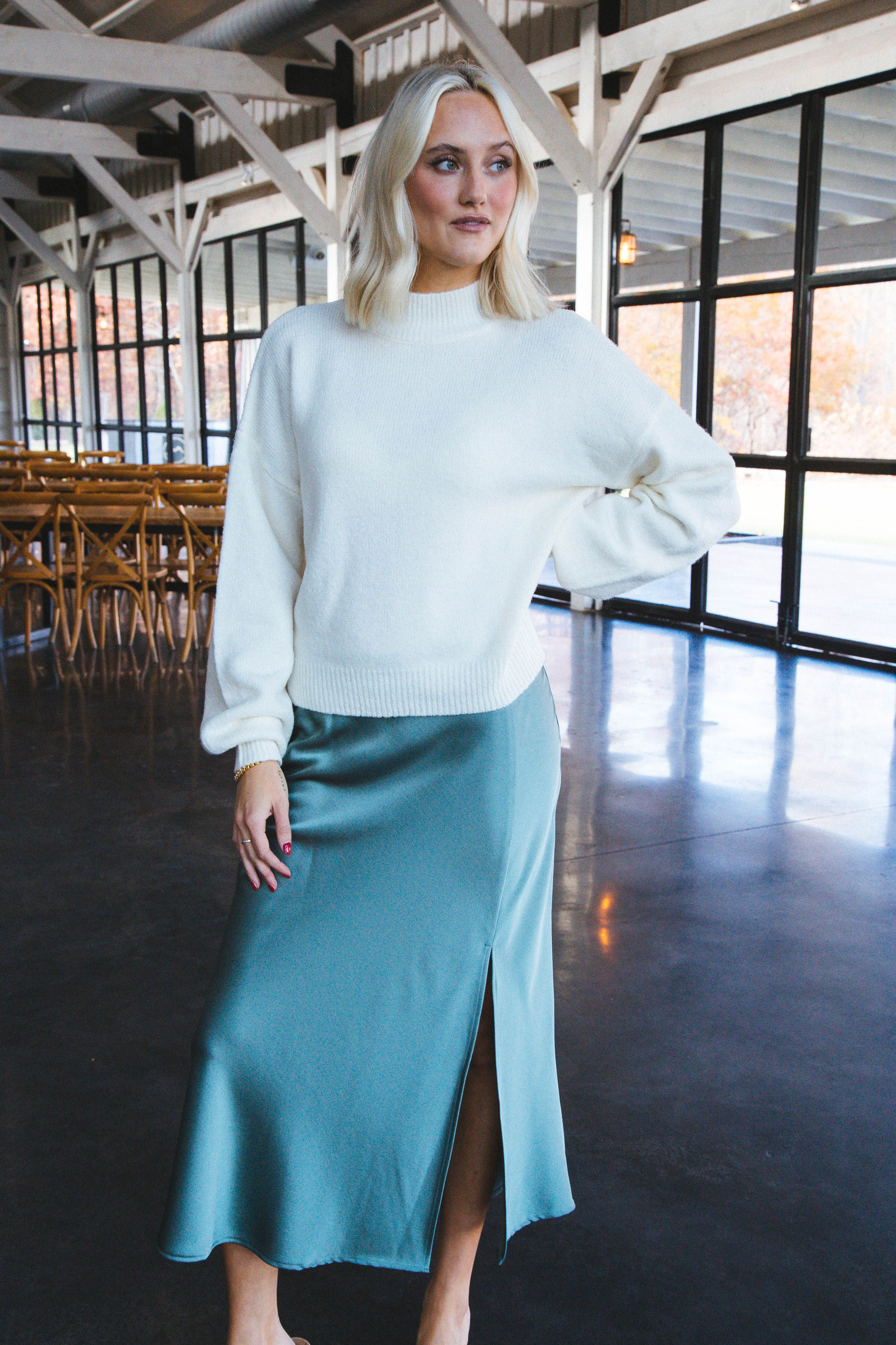 Avery Balloon Sleeve Mock Neck Solid Sweater, Cream sold by North & Main Clothing Company product image thumbnail 4