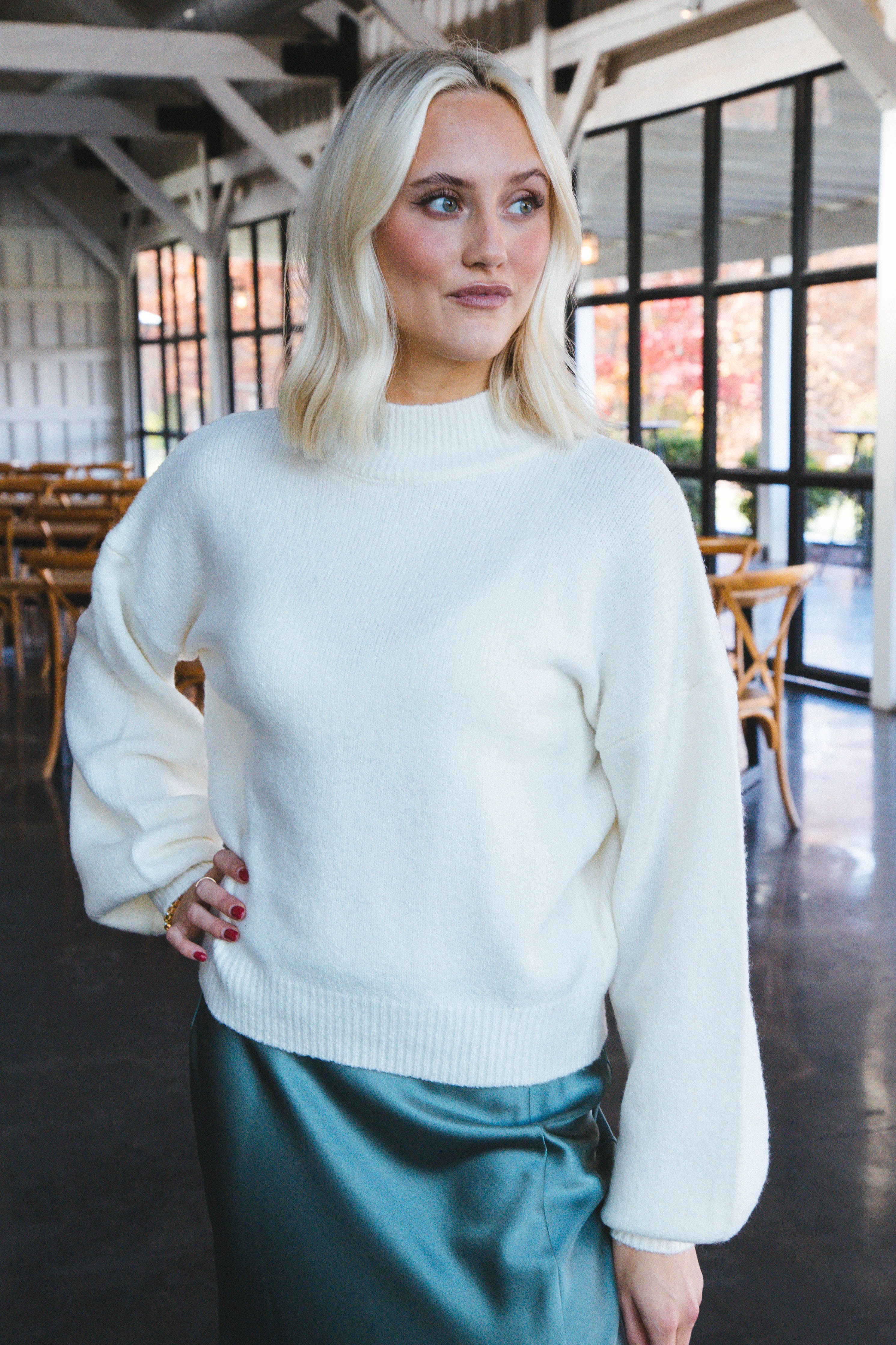 Avery Balloon Sleeve Mock Neck Solid Sweater, Cream sold by North & Main Clothing Company product image thumbnail 3