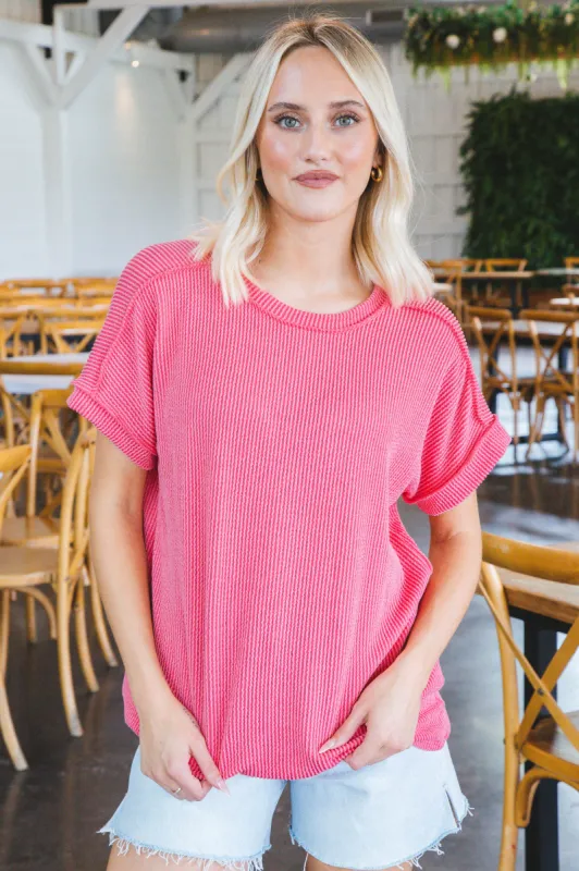 Peyton Ribbed Crew Neck Top, Coral sold by North & Main Clothing Company