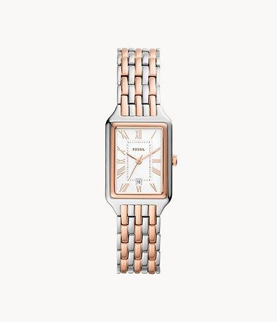 Raquel Three-Hand Date Two Tone Watch, Rose Gold/Silver | Fossil sold by North & Main Clothing Company
