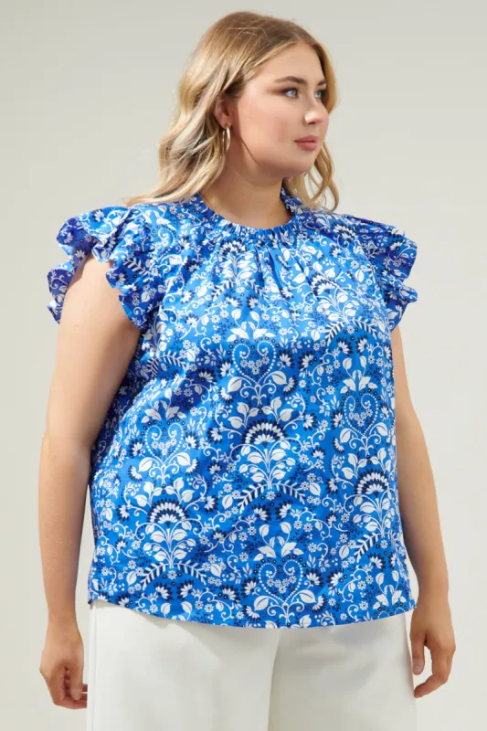 Natalia Ruffle Printed Top, Light Blue/White | Plus Size sold by North & Main Clothing Company