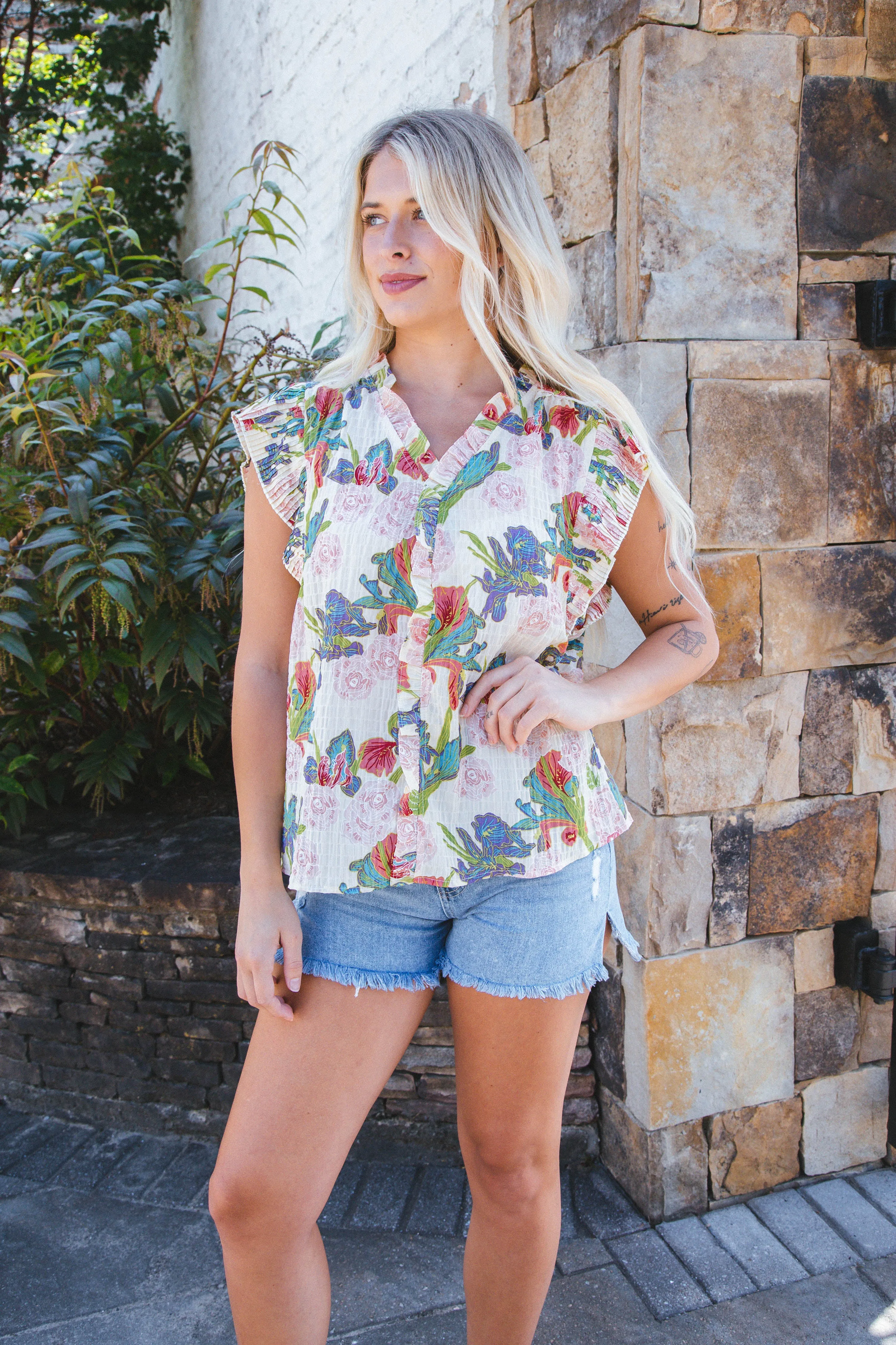 Fiona Pleated Sleeve Printed Top, Beige sold by North & Main Clothing Company product image thumbnail 5