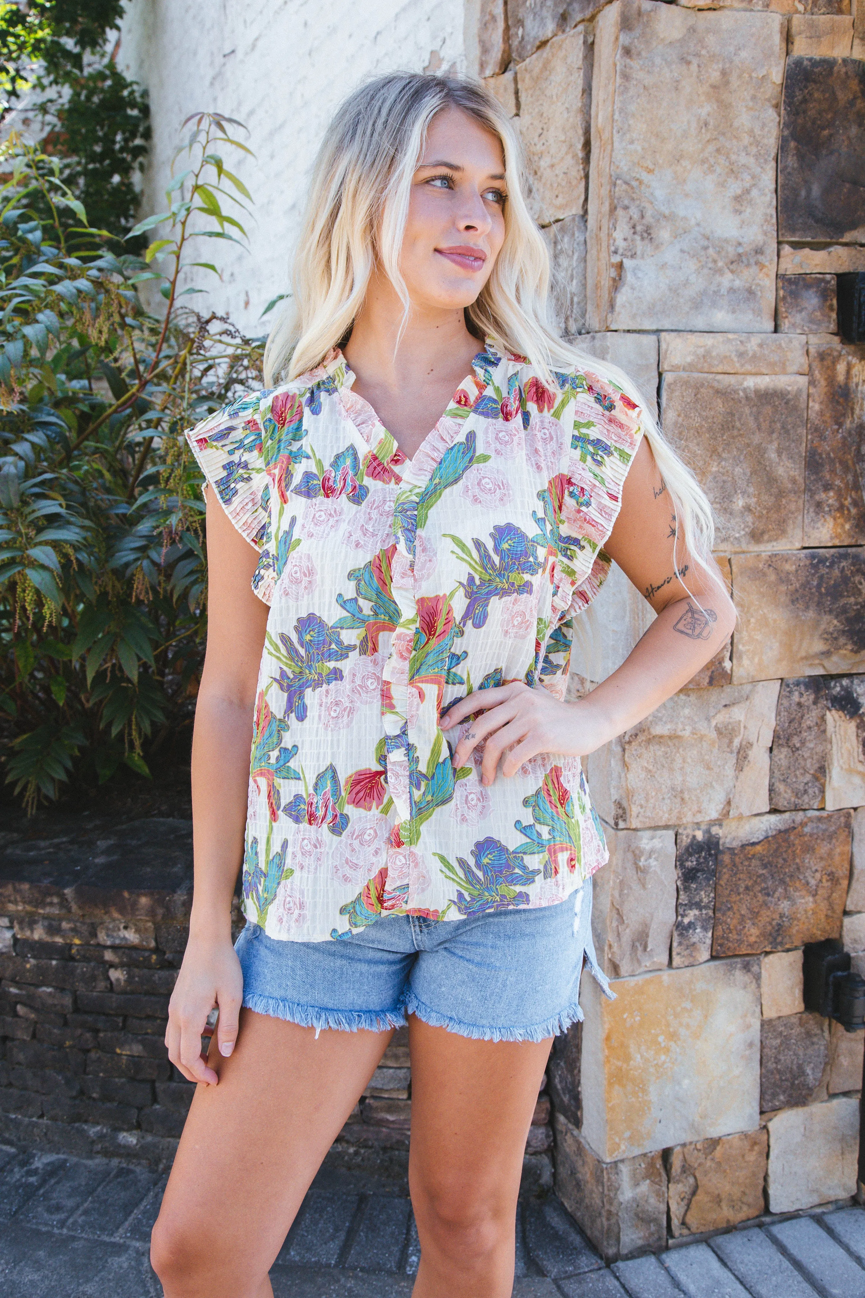 Fiona Pleated Sleeve Printed Top, Beige sold by North & Main Clothing Company product image thumbnail 3