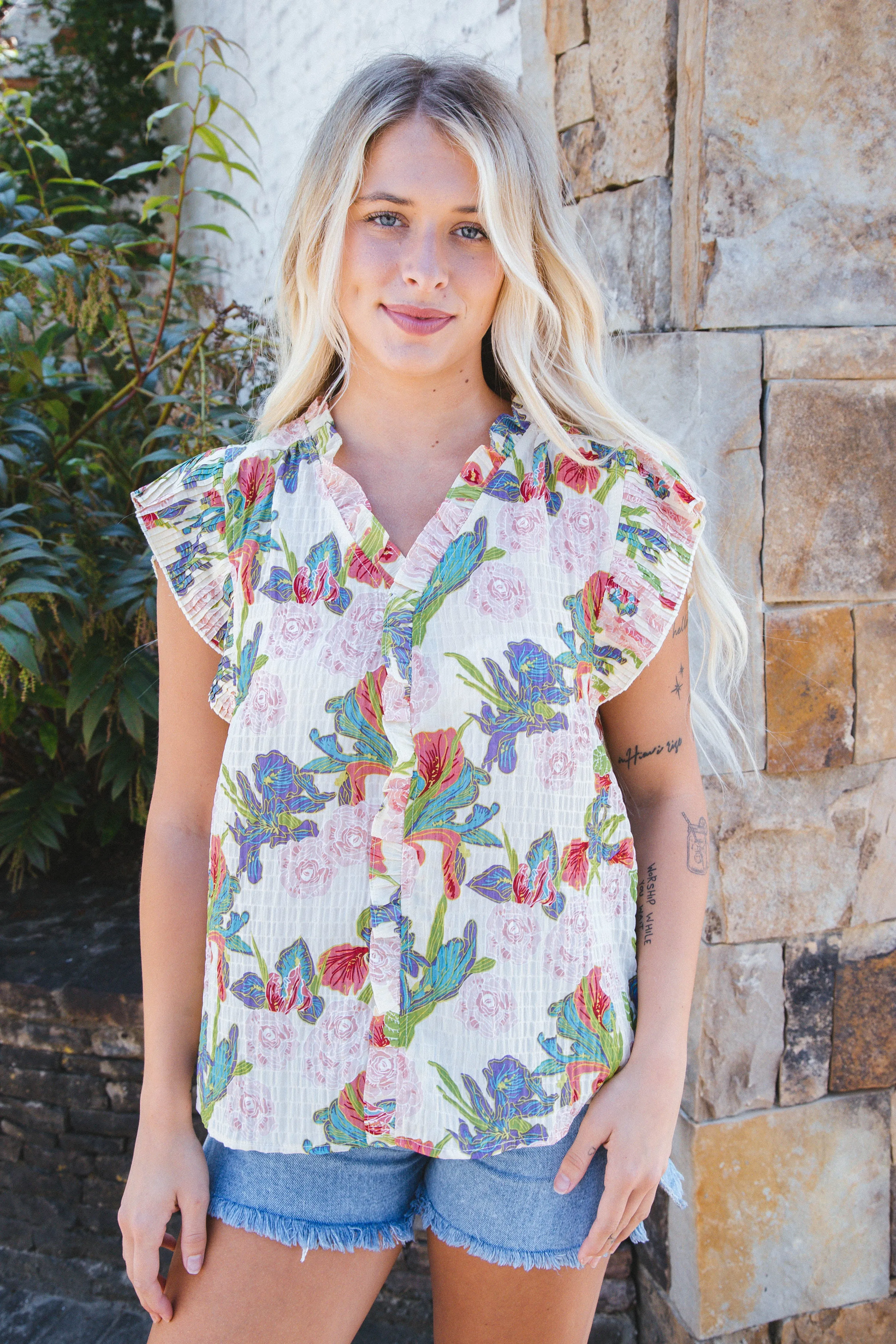 Fiona Pleated Sleeve Printed Top, Beige sold by North & Main Clothing Company