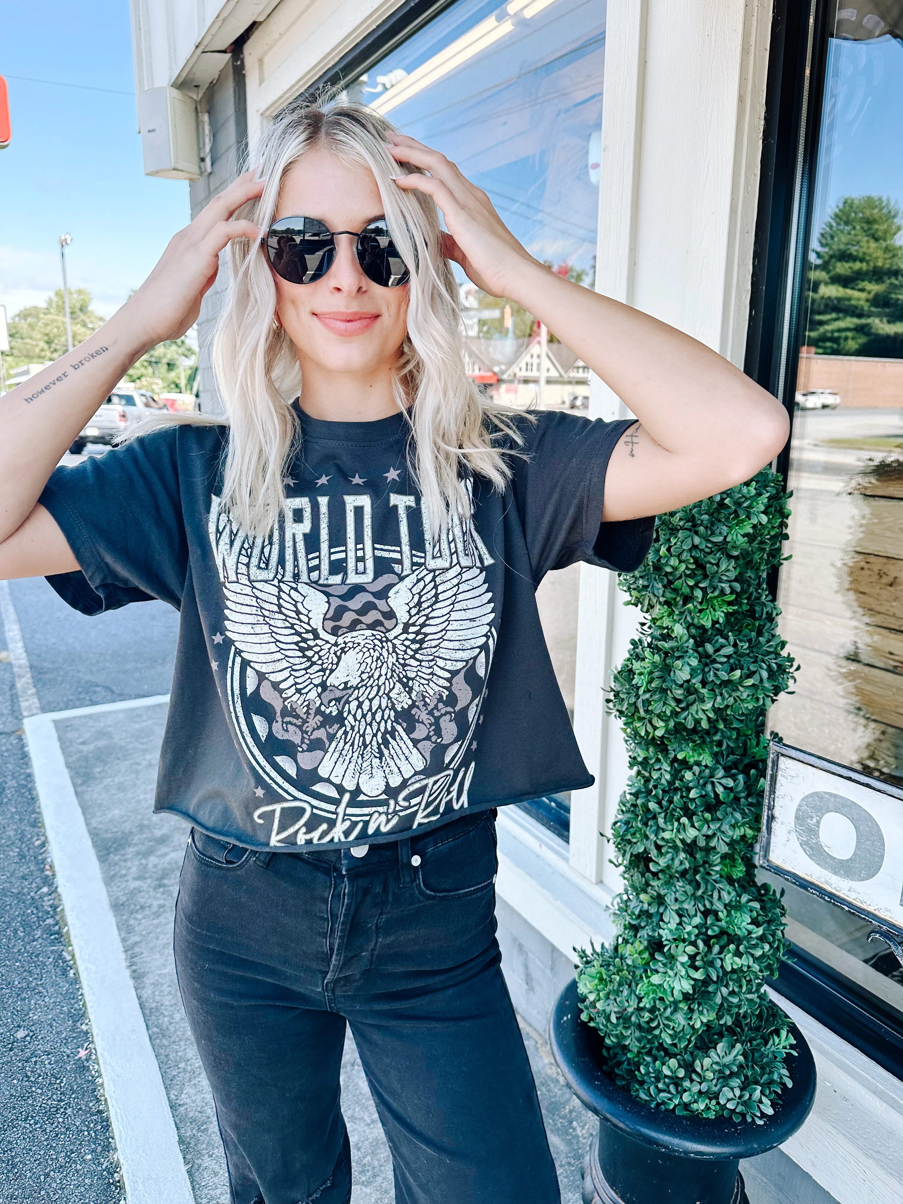 World Tour Cropped Graphic Tee, Black sold by North & Main Clothing Company