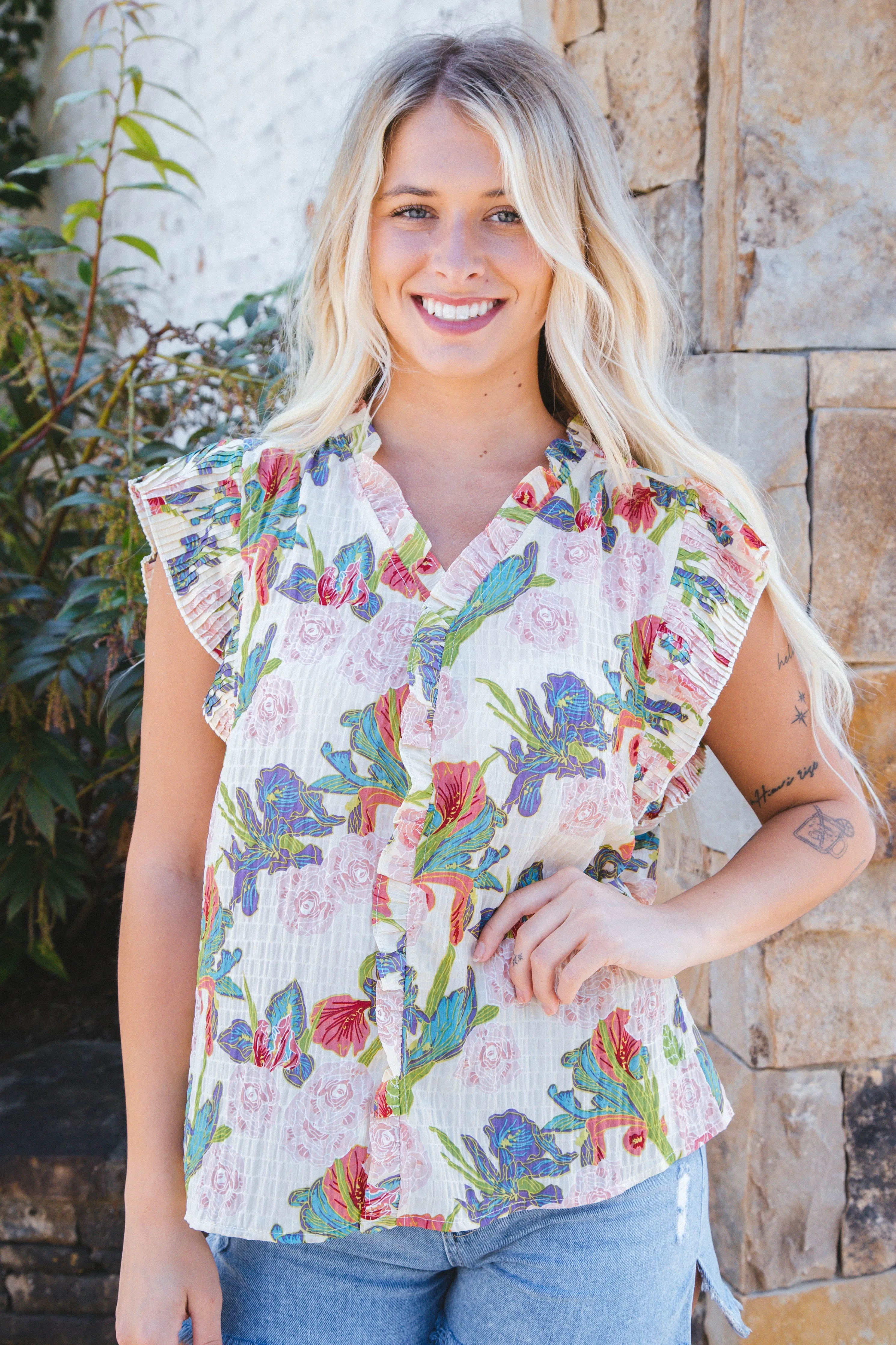 Fiona Pleated Sleeve Printed Top, Beige sold by North & Main Clothing Company product image thumbnail 4