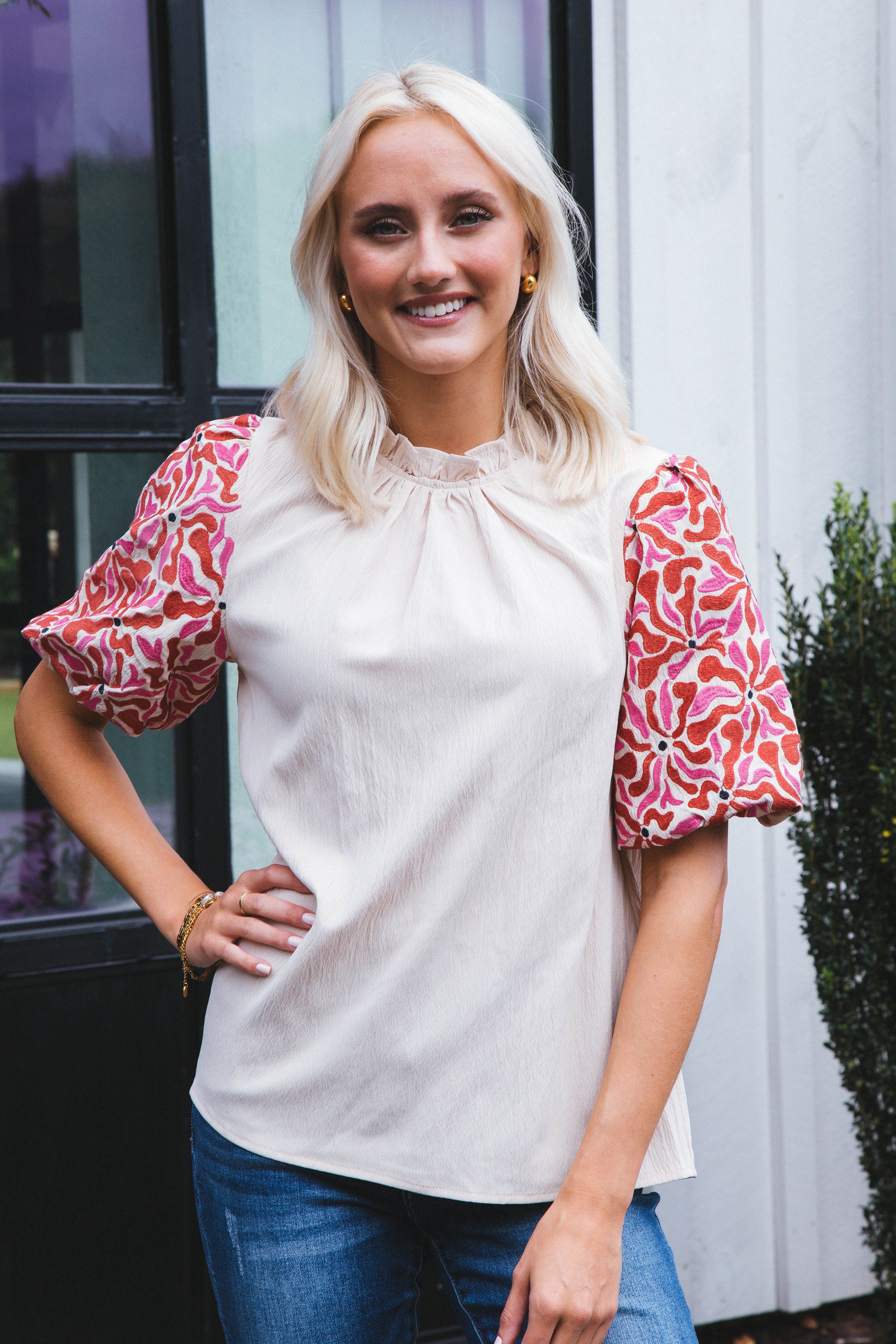 Jackie Embroidered Top, Natural sold by North & Main Clothing Company
