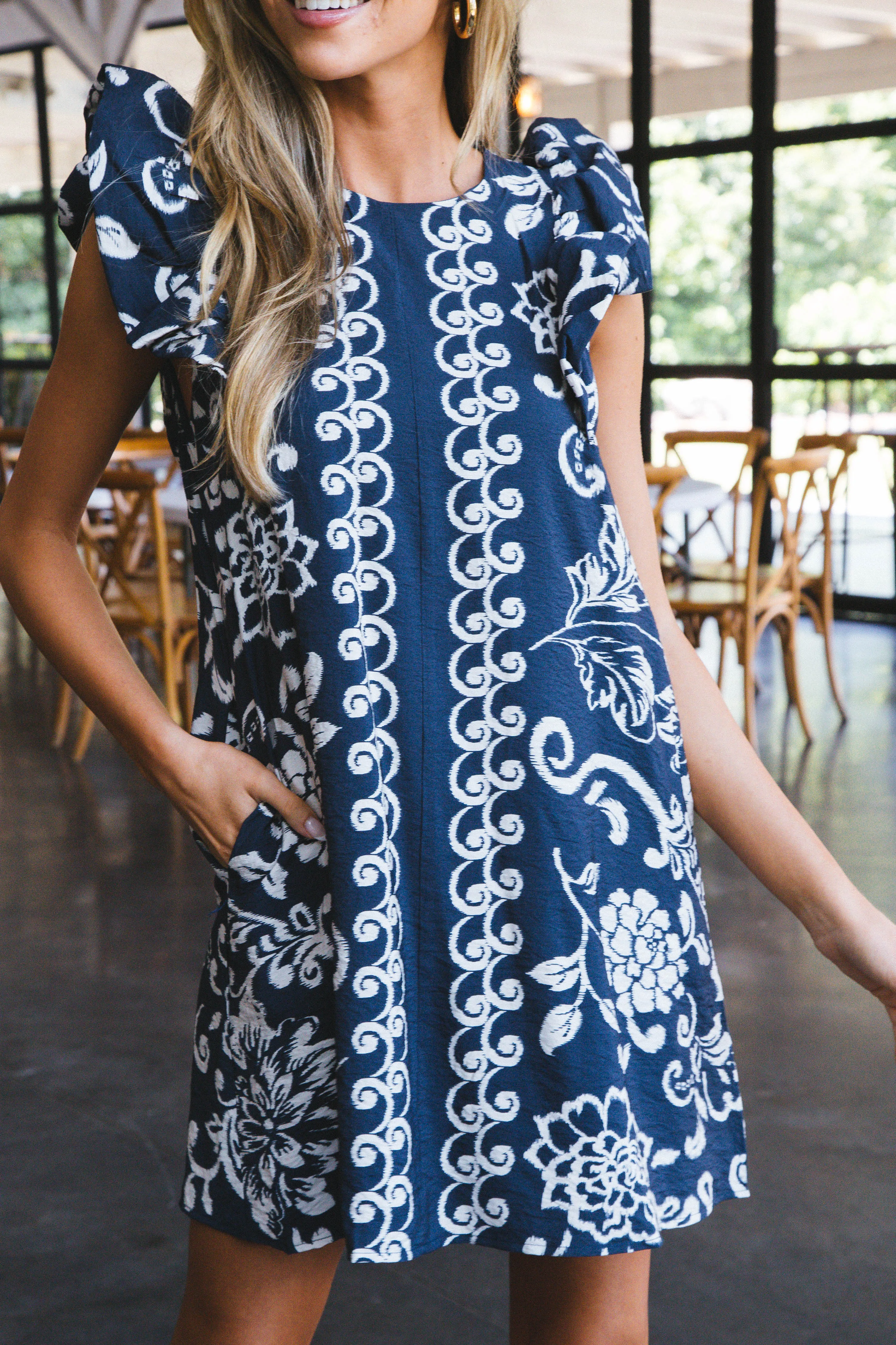 Macie Flutter Sleeve Printed Dress, Navy sold by North & Main Clothing Company product image thumbnail 5