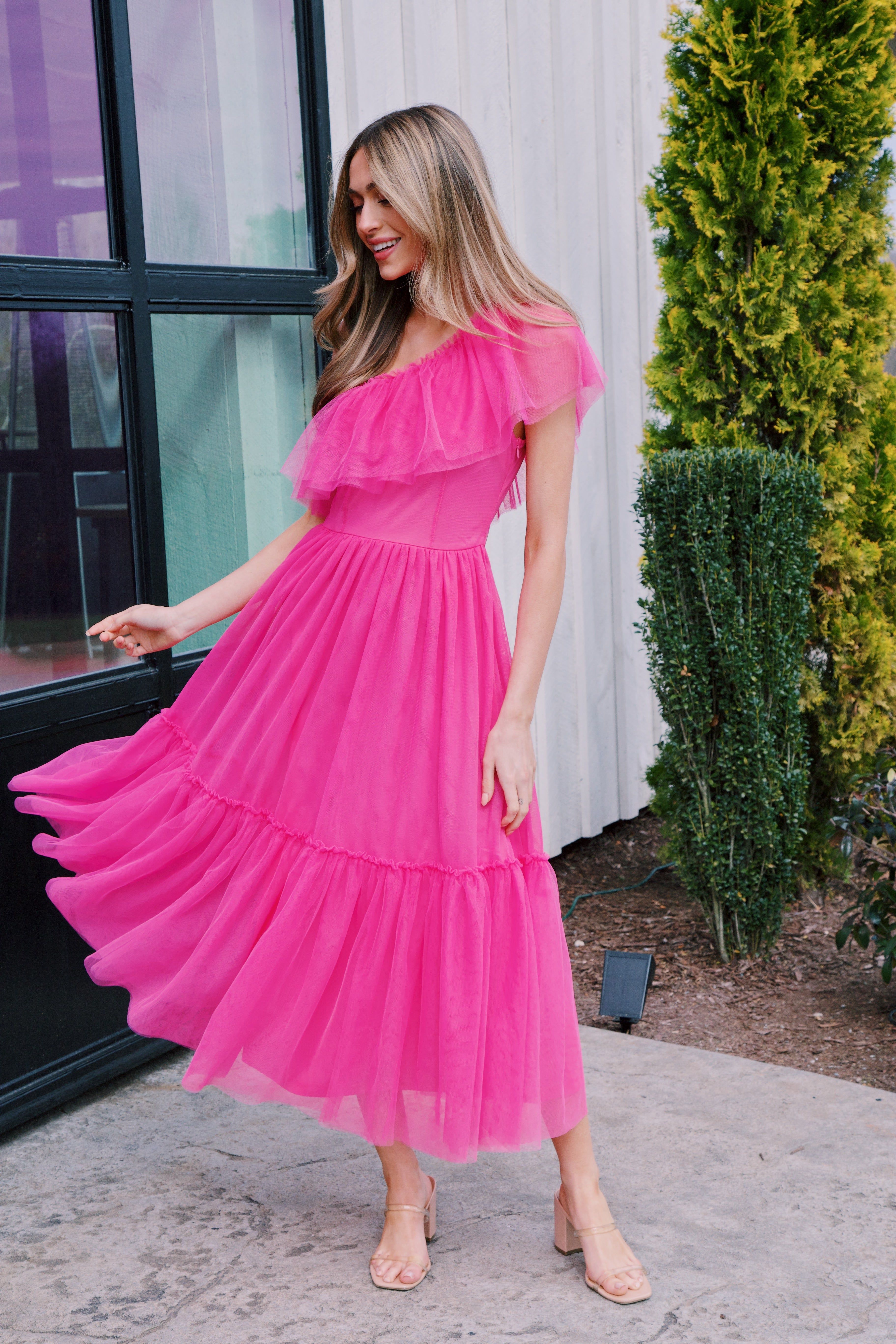 Vivienne One Shoulder Midi Dress, Fuchsia sold by North & Main Clothing Company product image thumbnail 4