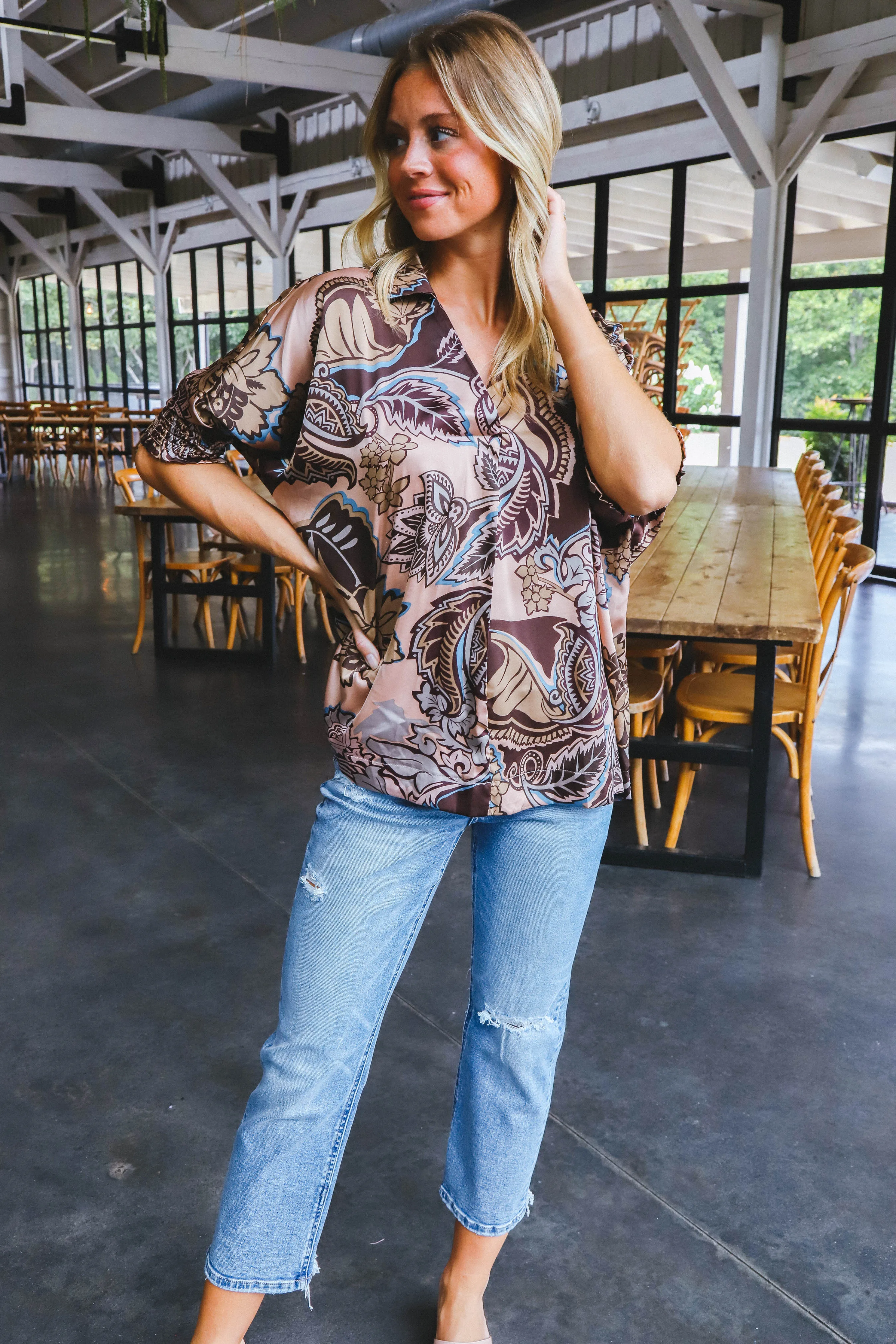 Diya Satin Paisley Blouse, Brown Mix sold by North & Main Clothing Company product image thumbnail 2