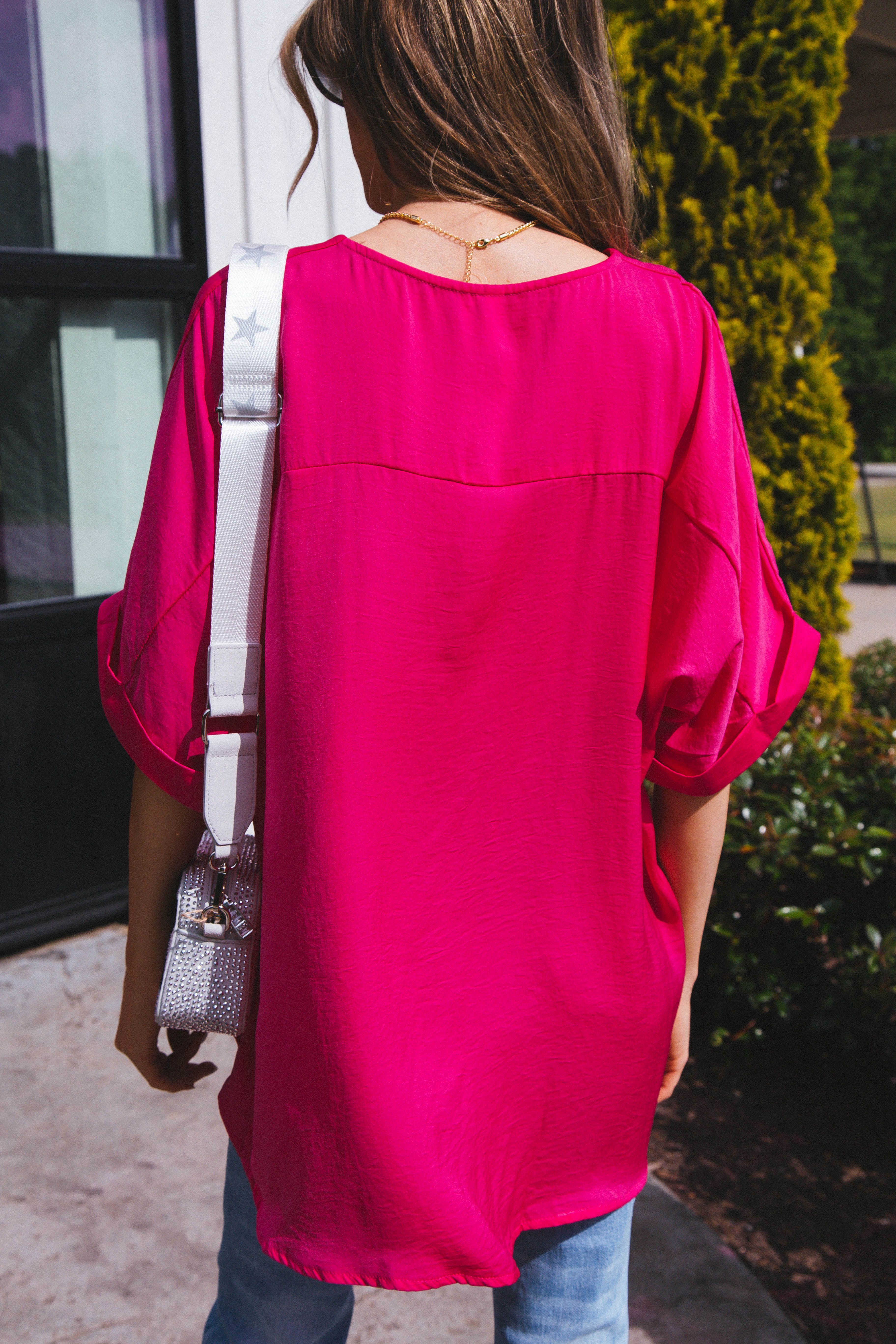 Vibrant V-Neck Roll Sleeve Blouse, Hot Pink sold by North & Main Clothing Company product image thumbnail 4