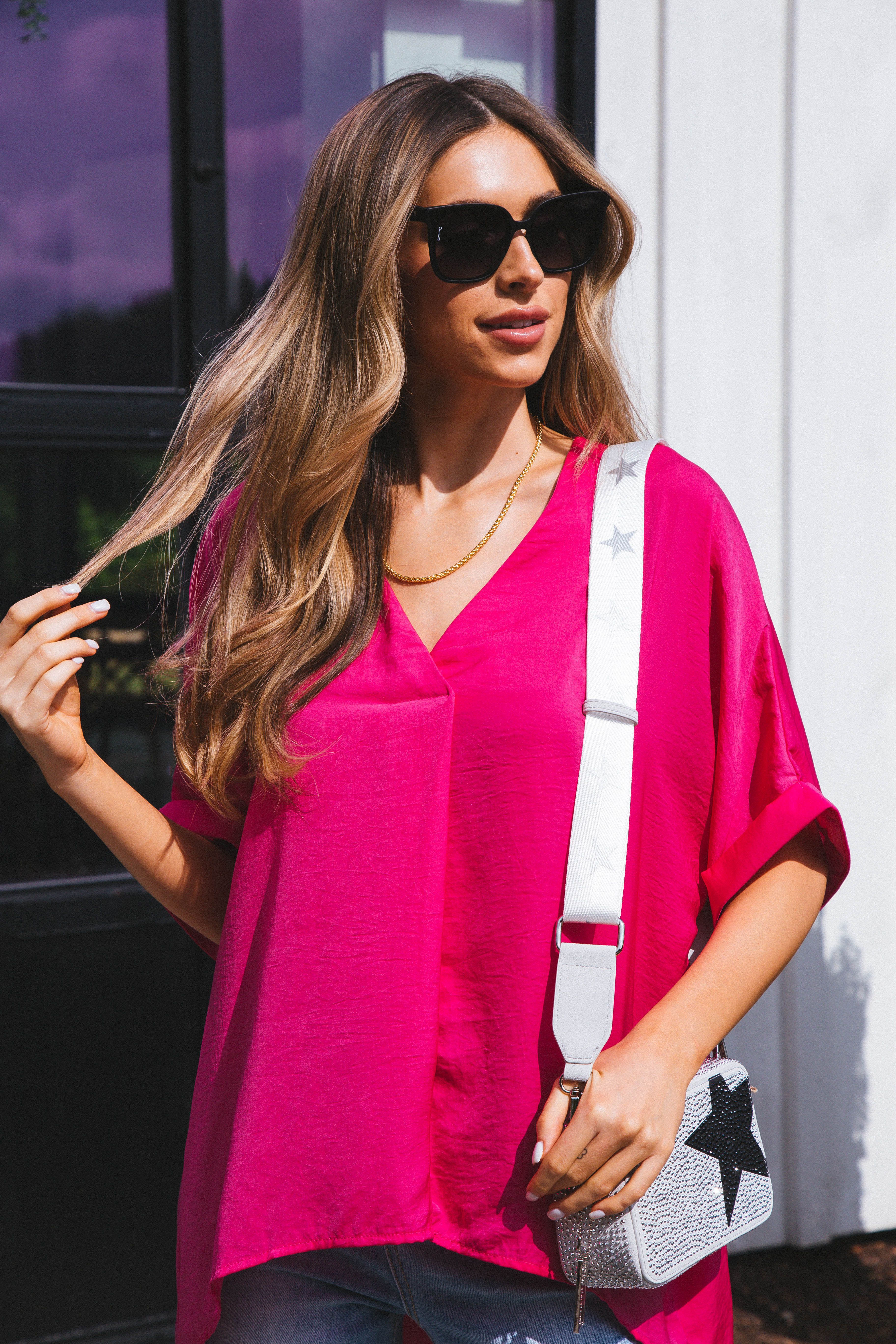 Vibrant V-Neck Roll Sleeve Blouse, Hot Pink sold by North & Main Clothing Company