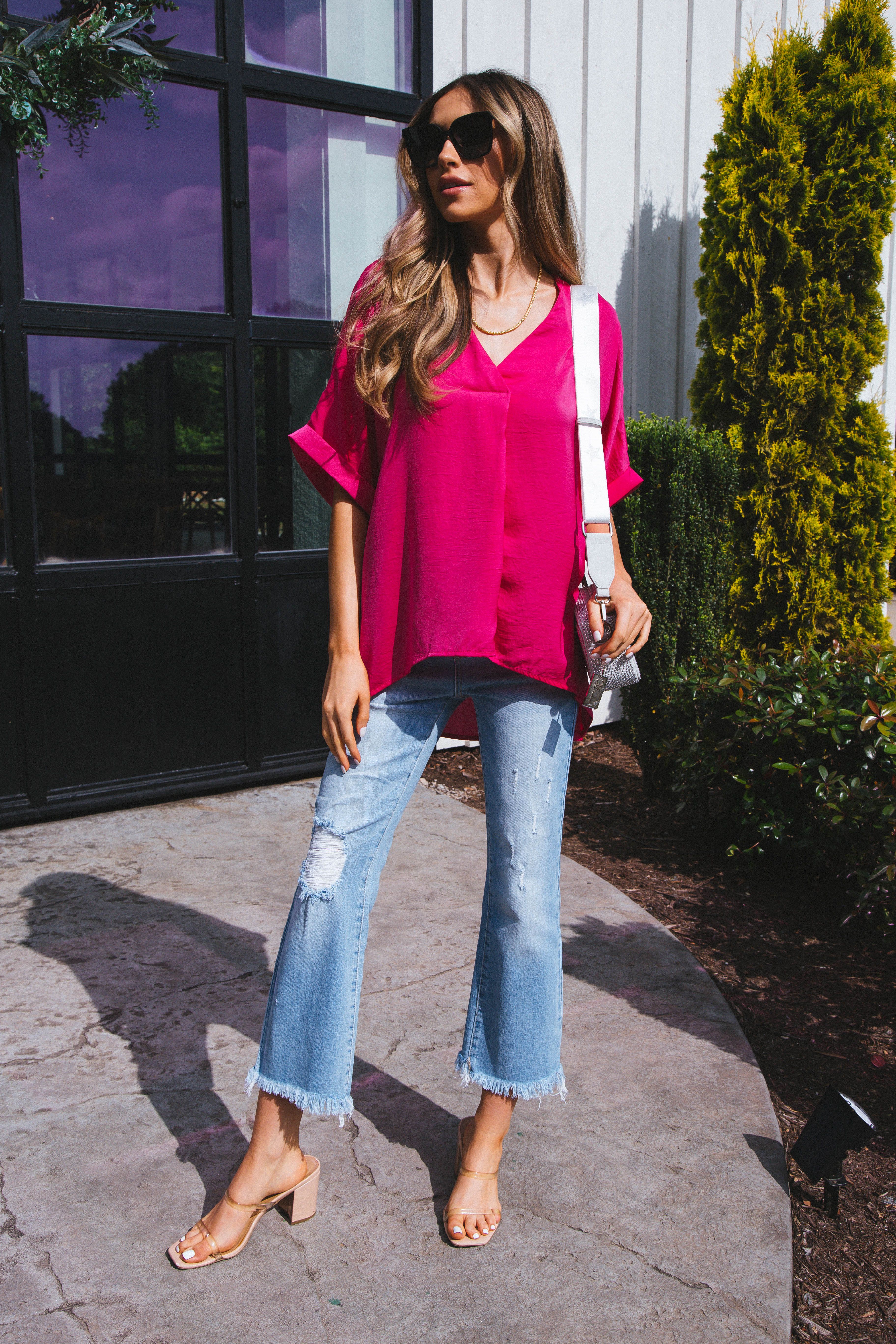 Vibrant V-Neck Roll Sleeve Blouse, Hot Pink sold by North & Main Clothing Company product image thumbnail 5