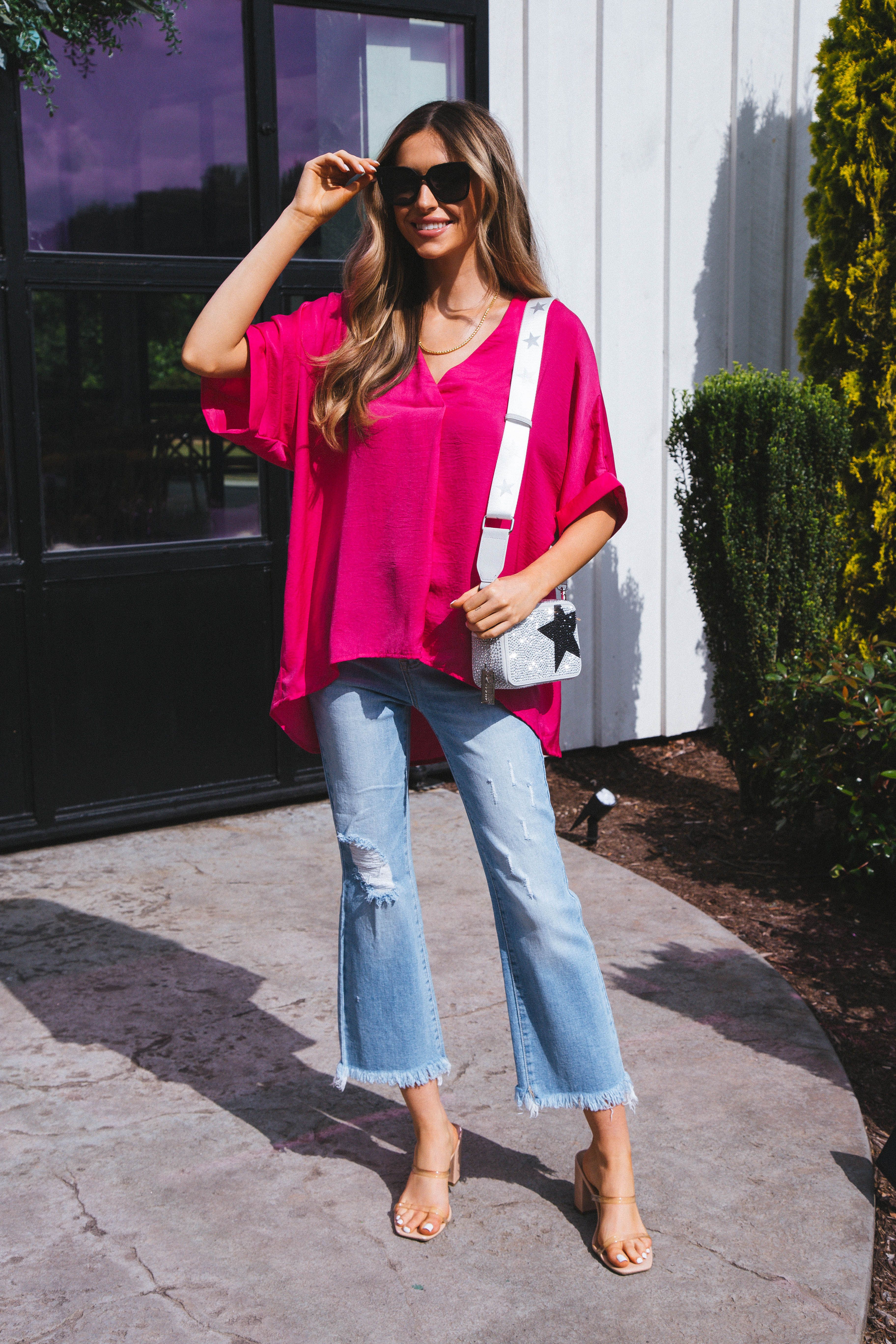 Vibrant V-Neck Roll Sleeve Blouse, Hot Pink sold by North & Main Clothing Company product image thumbnail 2