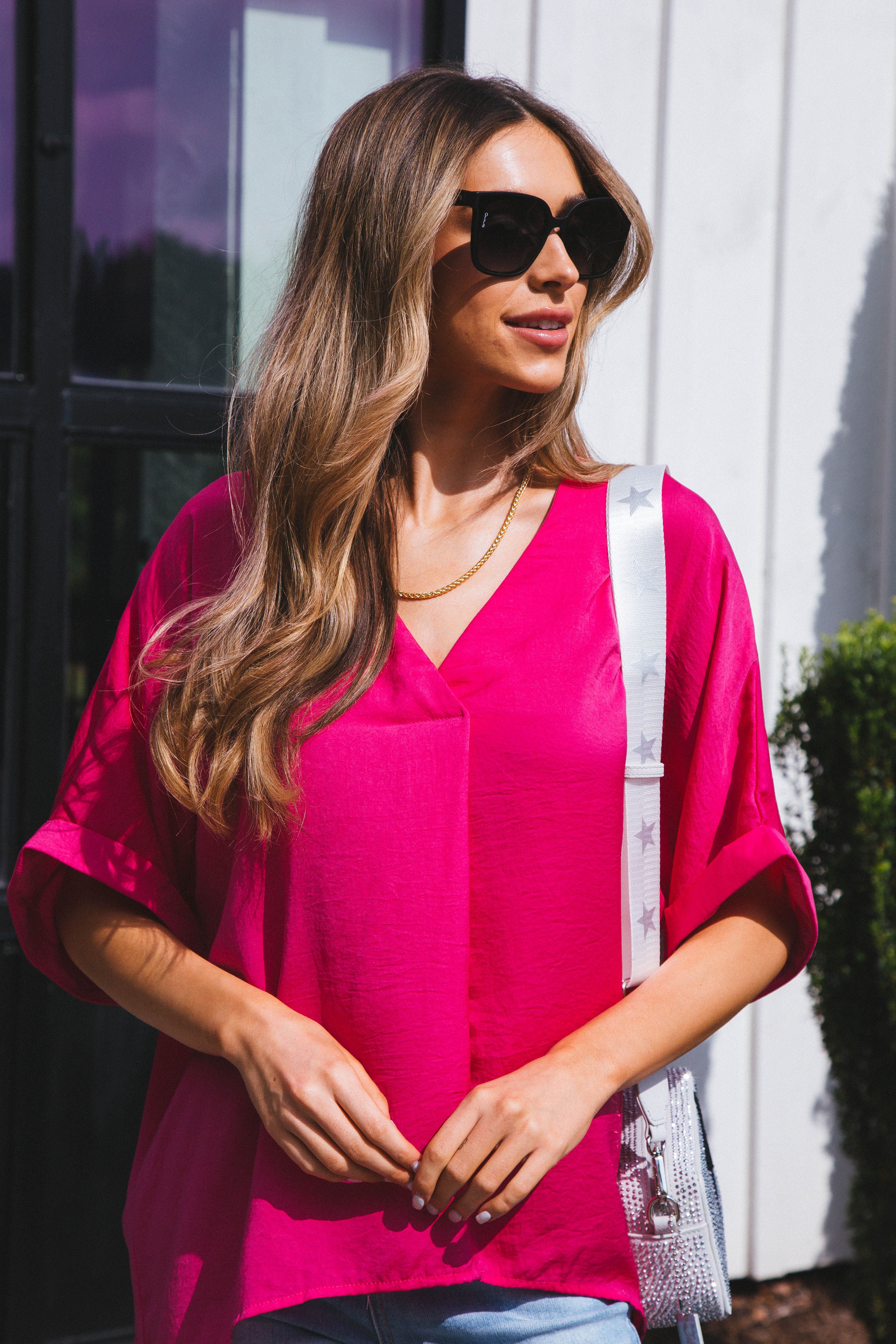 Vibrant V-Neck Roll Sleeve Blouse, Hot Pink sold by North & Main Clothing Company product image thumbnail 3