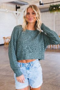 Textured Crop Sweater, Gray Green sold by North & Main Clothing Company
