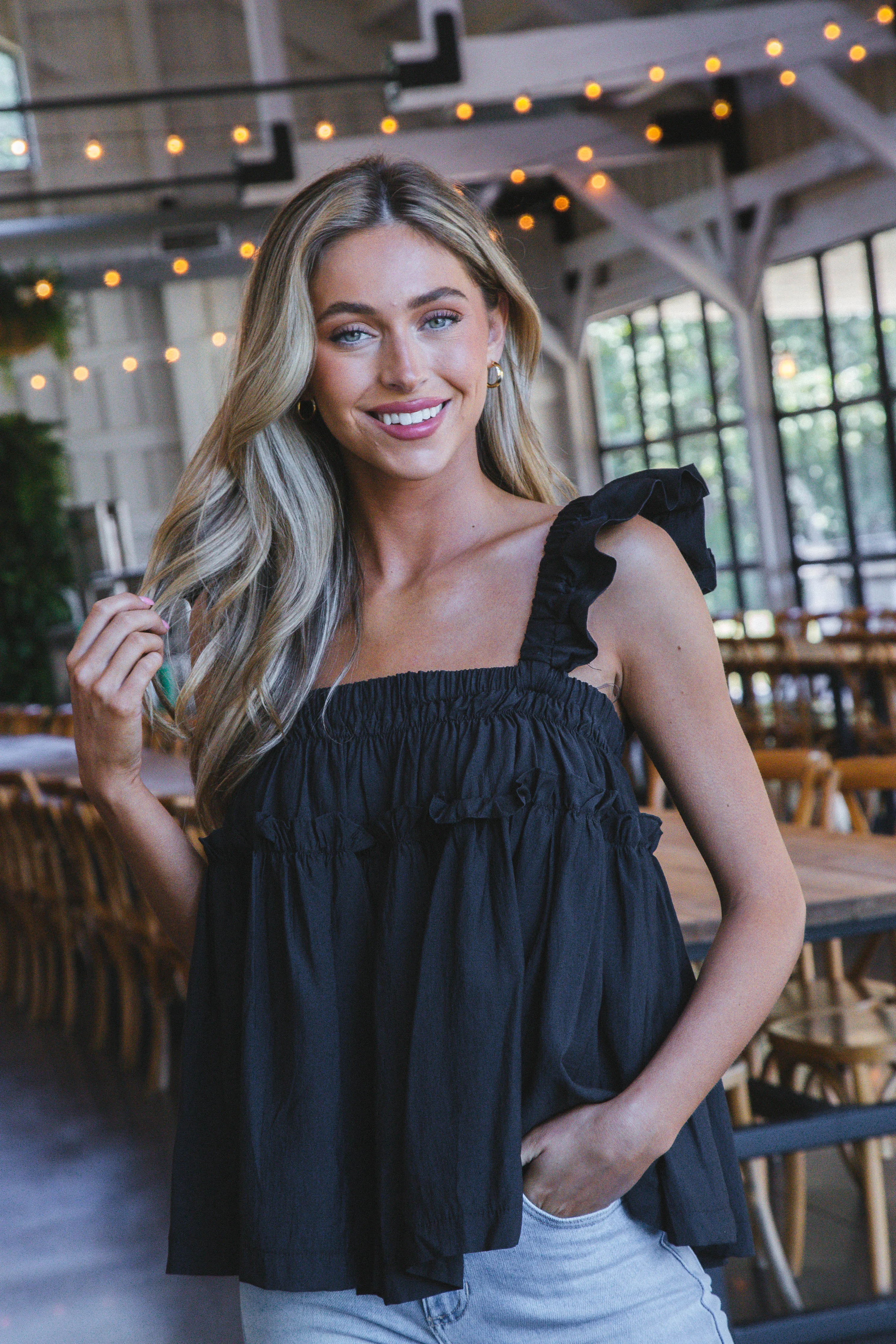 Lily Ruffle Square Neck Tank Top, Black sold by North & Main Clothing Company product image thumbnail 3