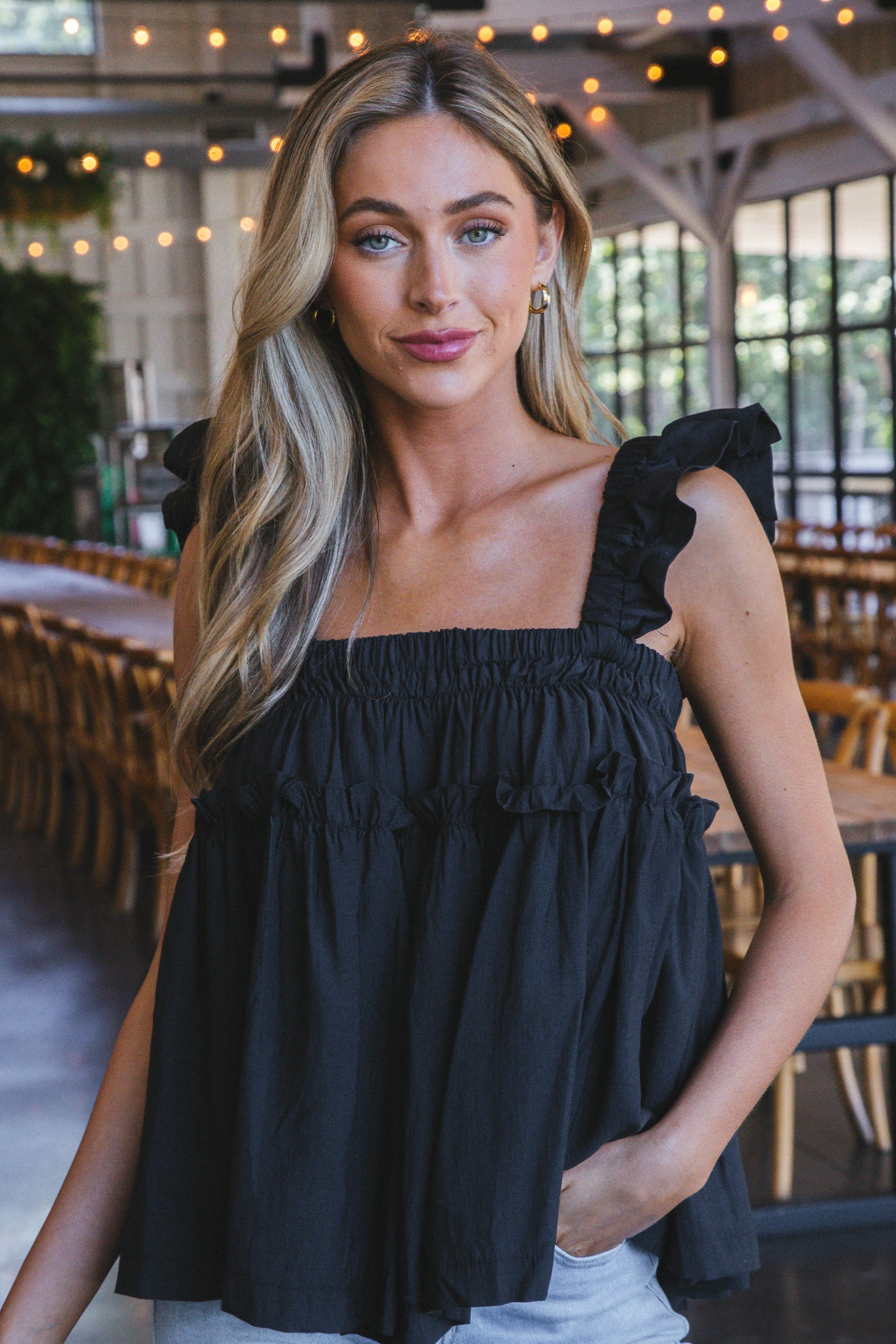 Lily Ruffle Square Neck Tank Top, Black sold by North & Main Clothing Company