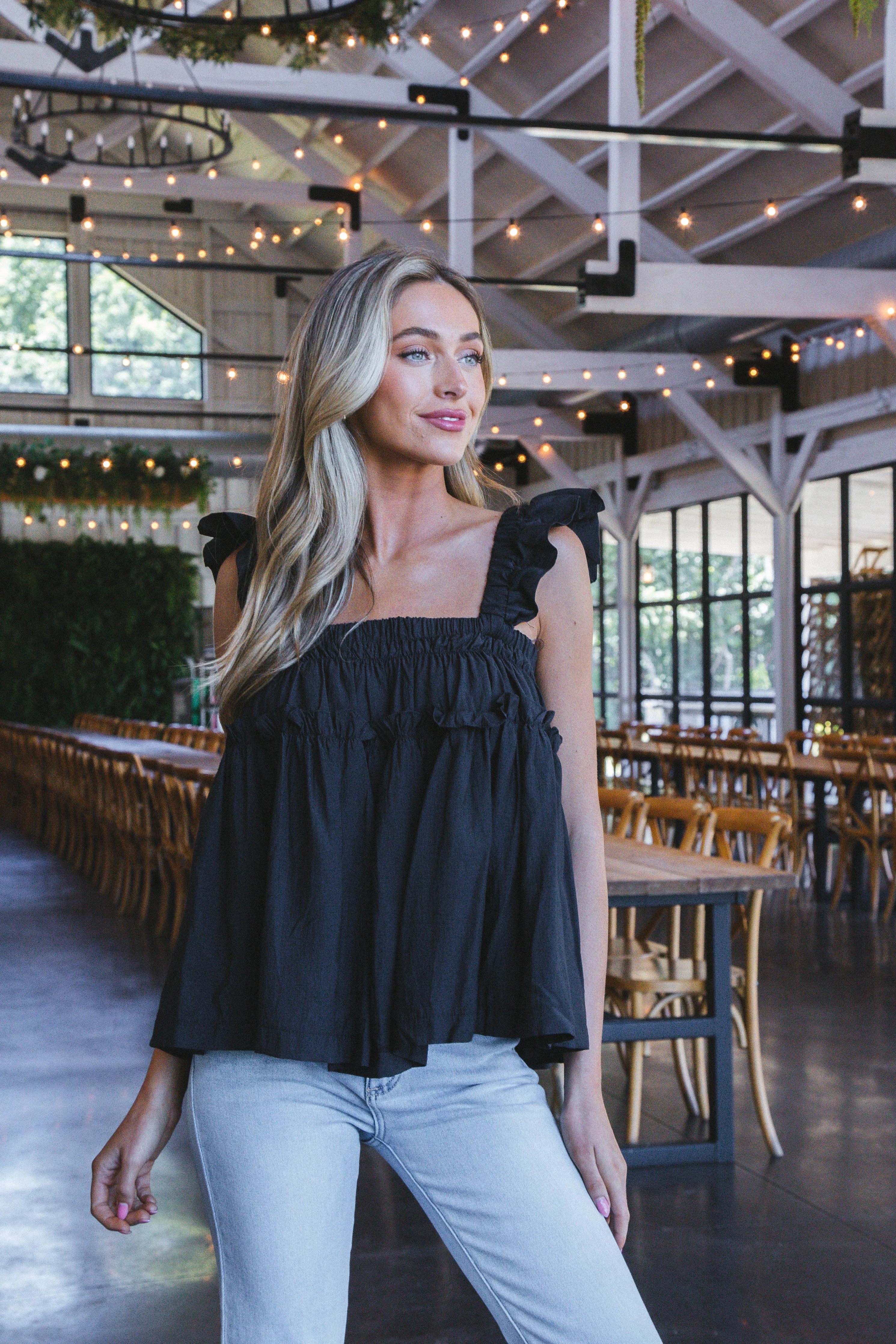 Lily Ruffle Square Neck Tank Top, Black sold by North & Main Clothing Company product image thumbnail 5