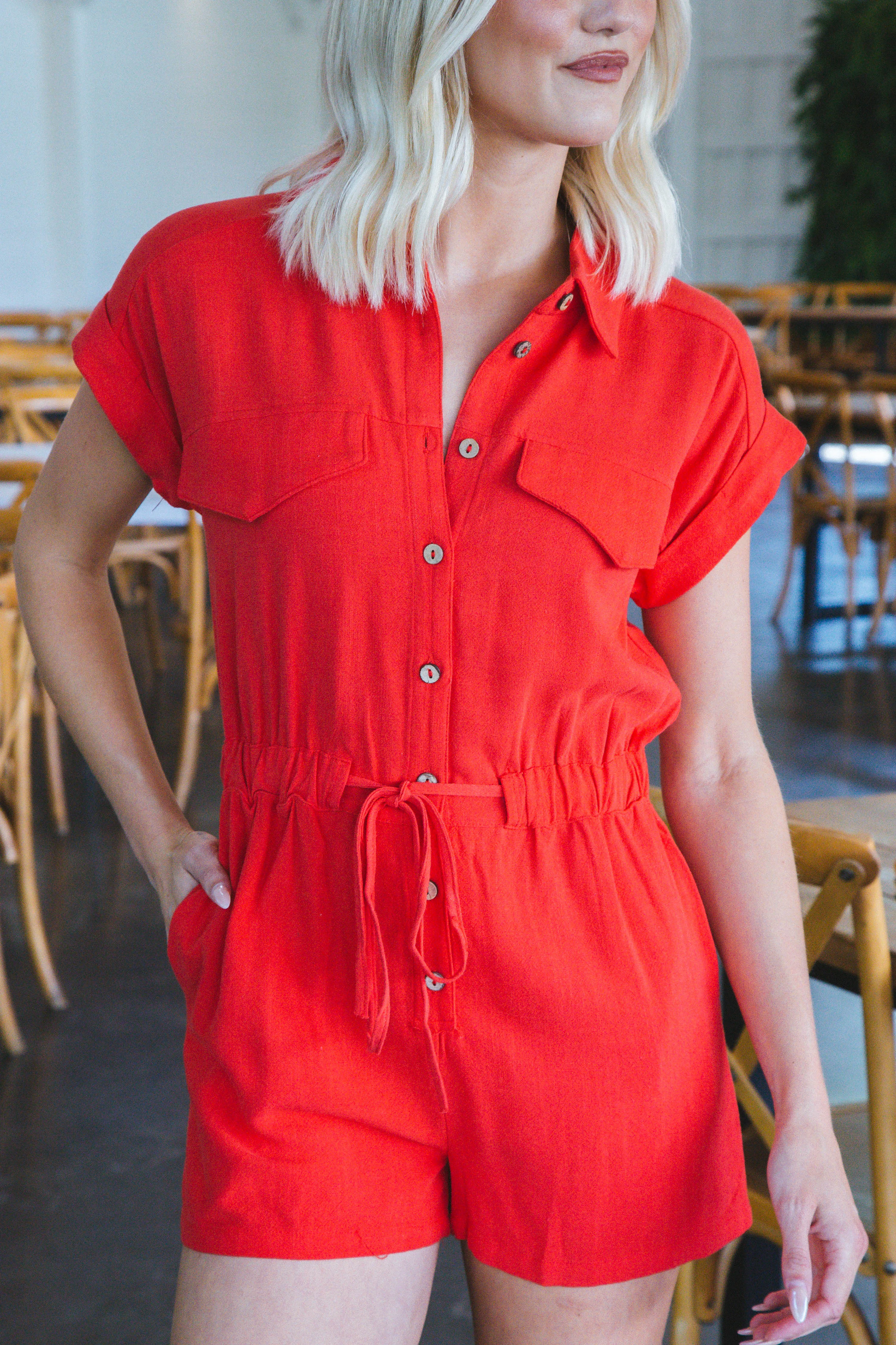 Kate Collared Romper, Red sold by North & Main Clothing Company product image thumbnail 2