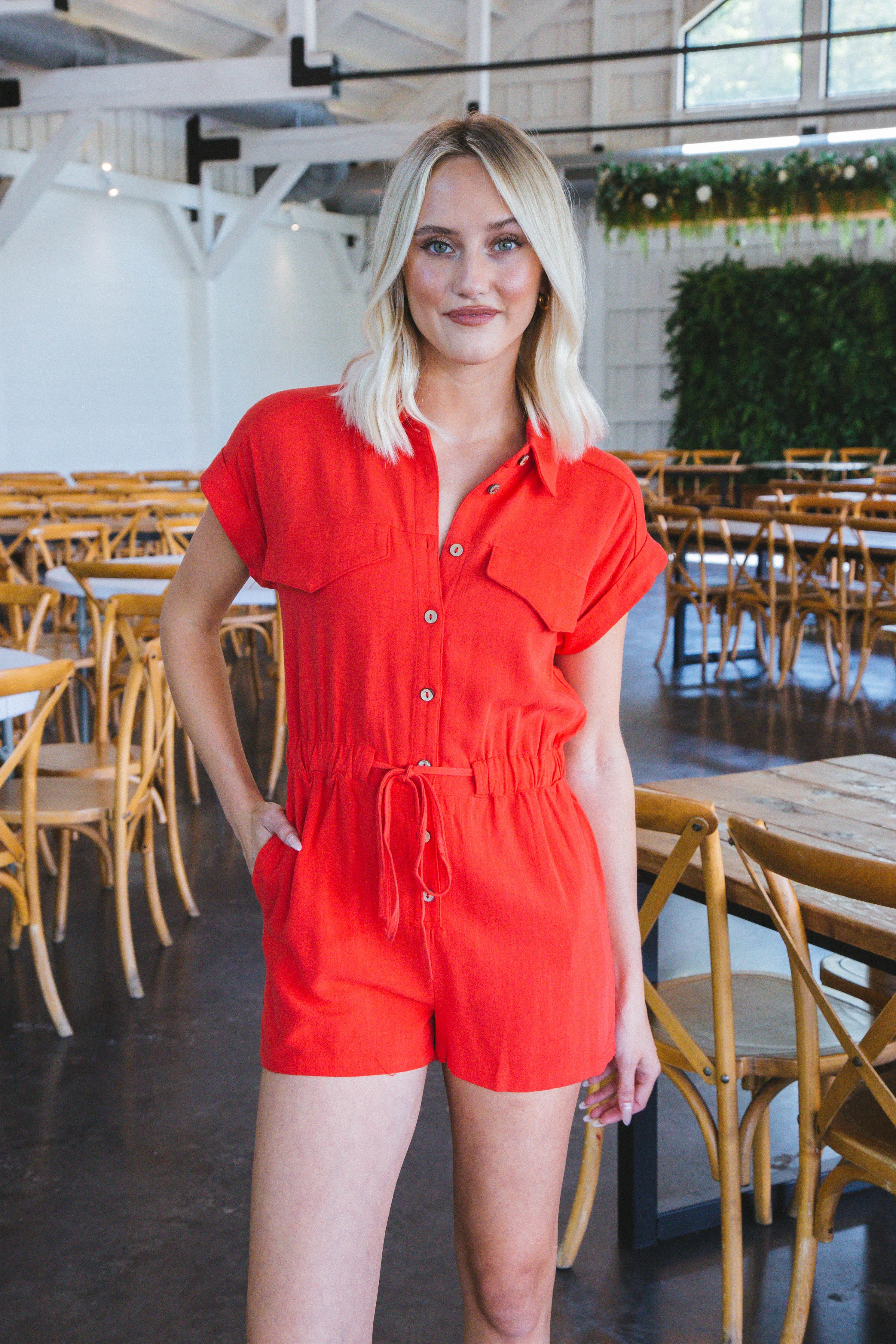 Kate Collared Romper, Red sold by North & Main Clothing Company