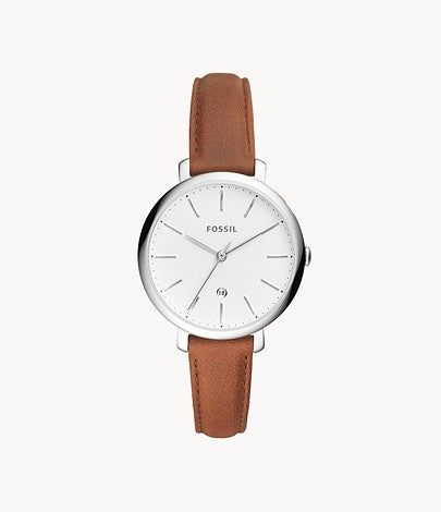 Jacqueline Three-Hand Date Brown Leather Watch, Brown | FOSSIL sold by North & Main Clothing Company