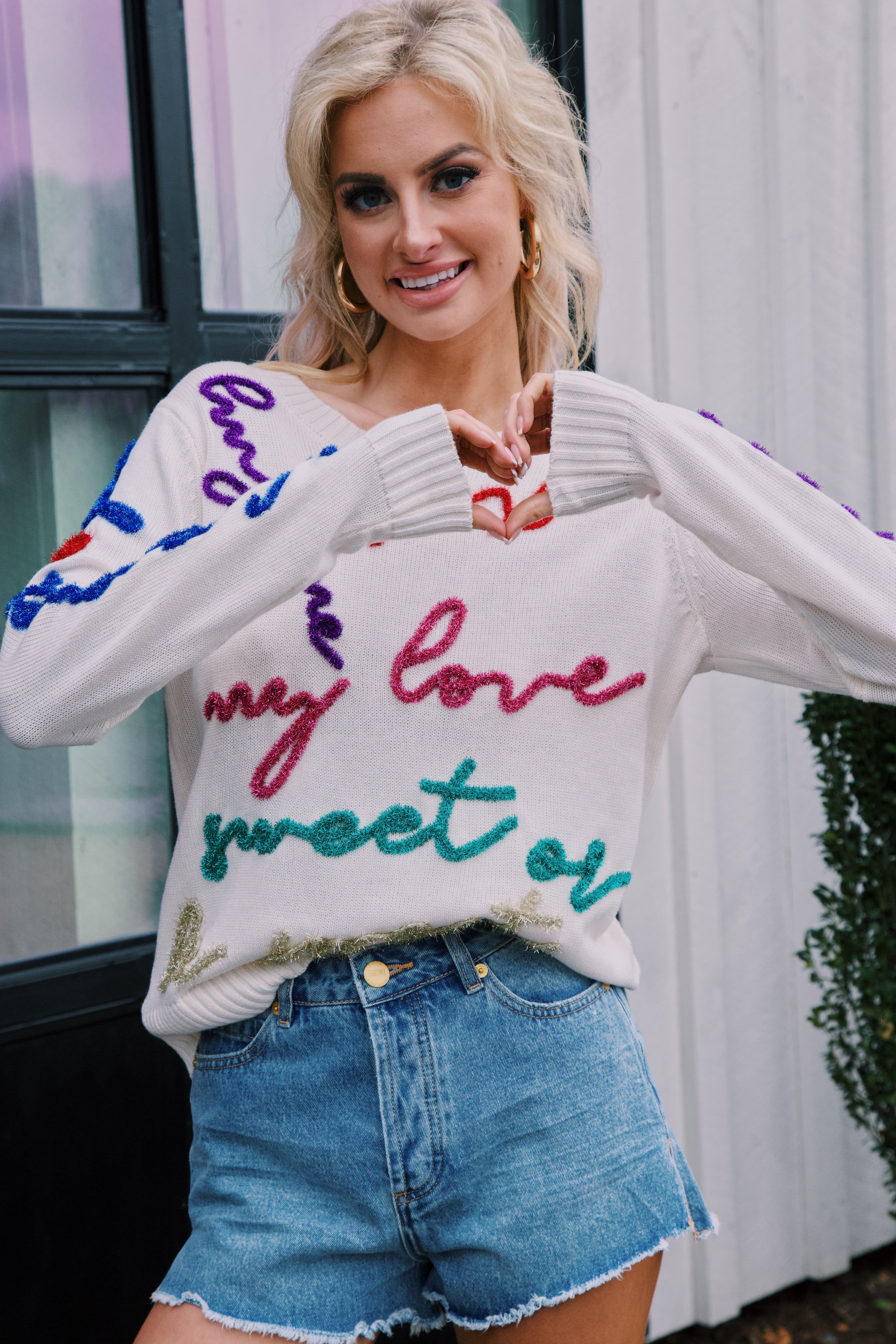 All the Glitter Script Sweater, White Multi sold by North & Main Clothing Company
