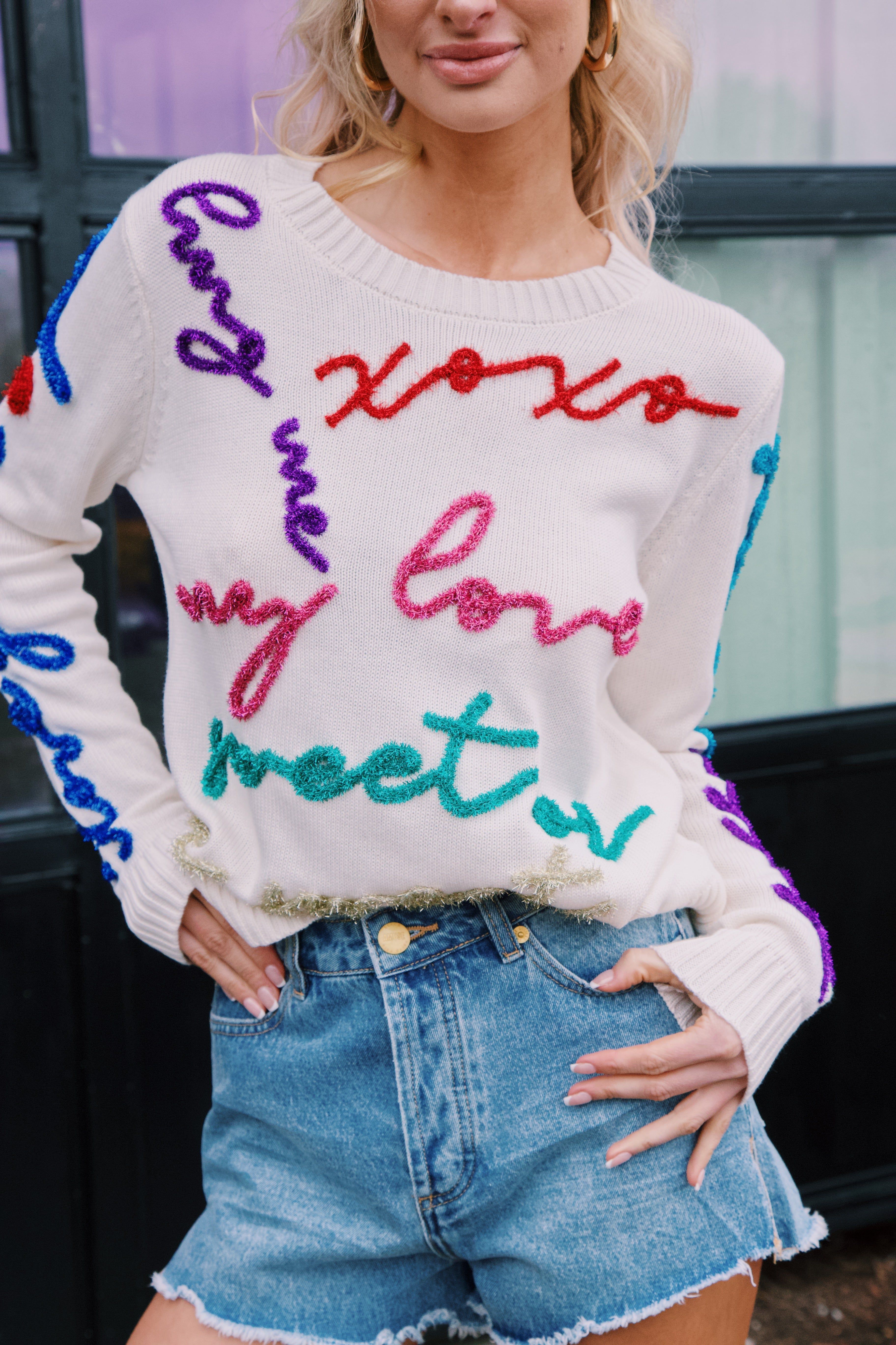 All the Glitter Script Sweater, White Multi sold by North & Main Clothing Company product image thumbnail 2