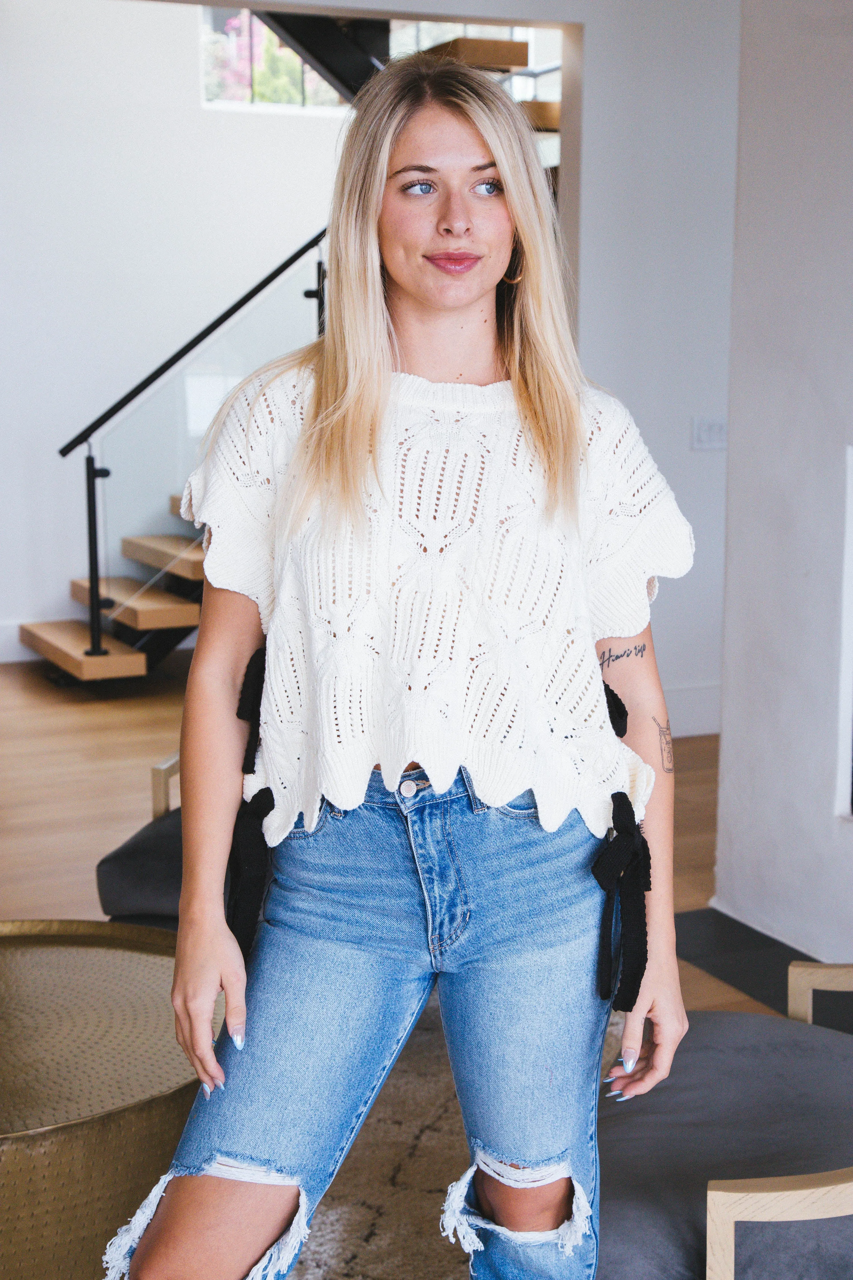 Natalia Scallop Hem & Bow Sides Top, Cream sold by North & Main Clothing Company