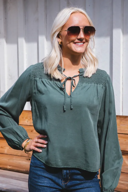 Penelope Smocked Tie Top, Dark Green | Velvet Heart sold by North & Main Clothing Company