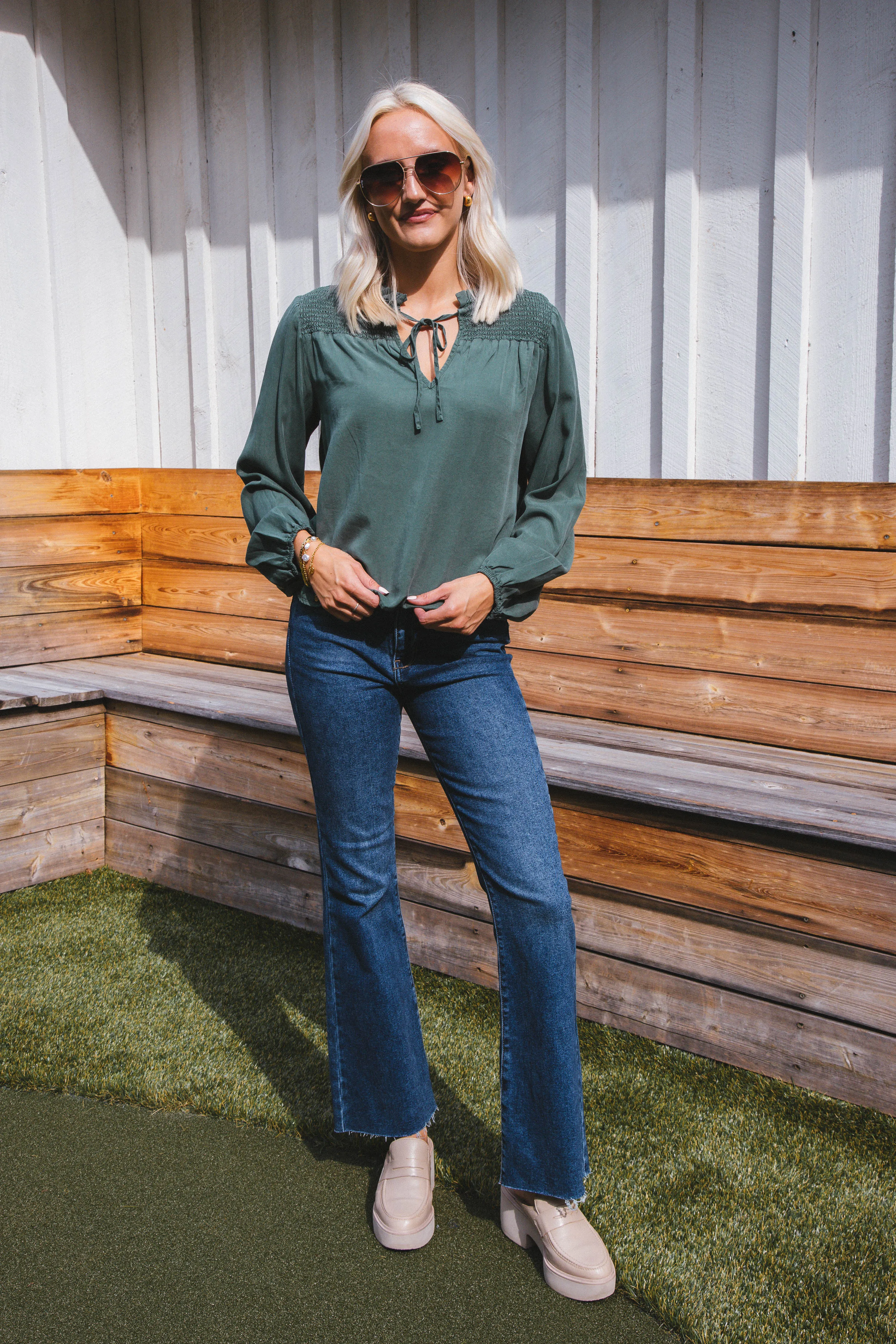 Penelope Smocked Tie Top, Dark Green | Velvet Heart sold by North & Main Clothing Company product image thumbnail 3