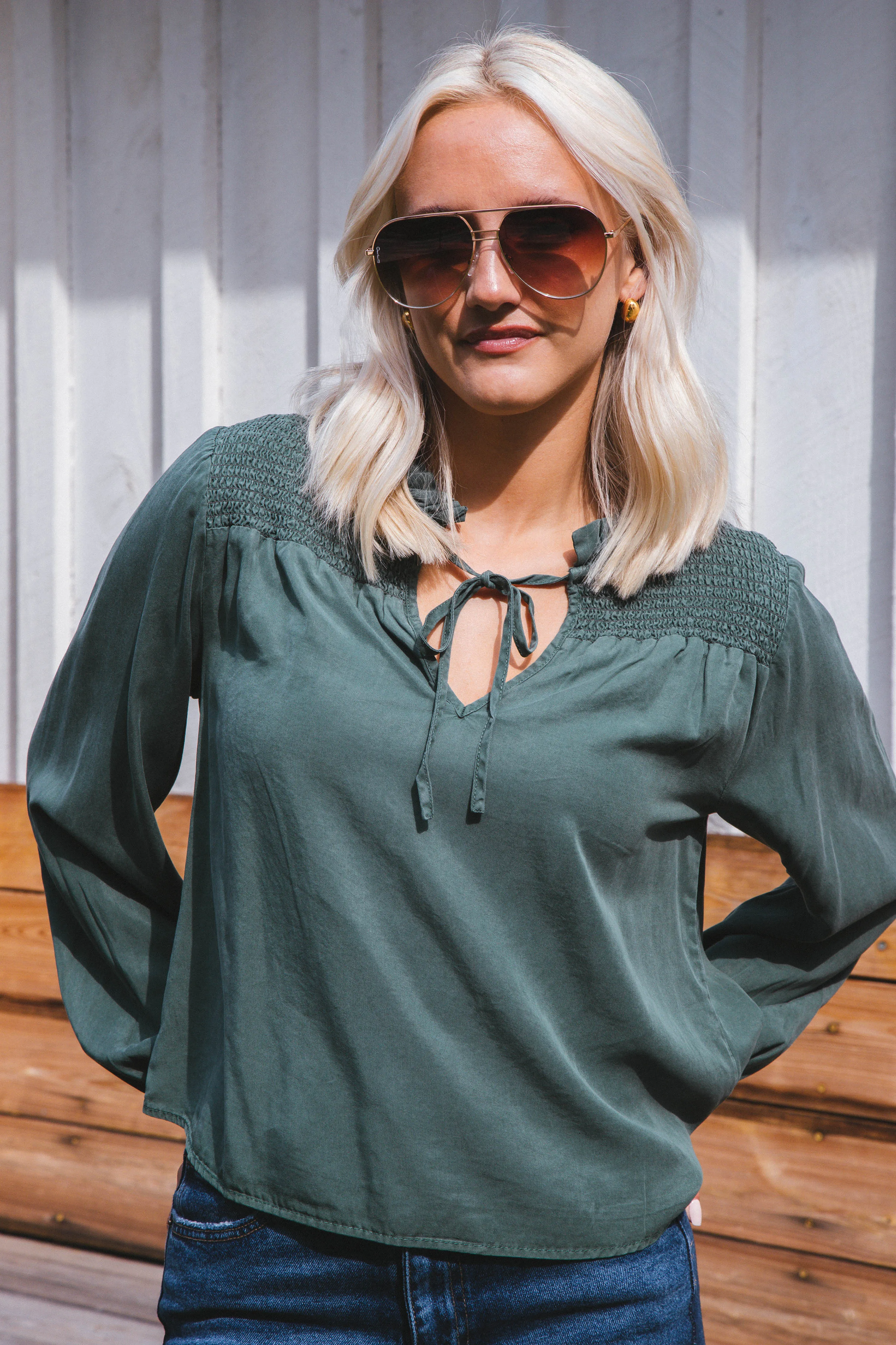 Penelope Smocked Tie Top, Dark Green | Velvet Heart sold by North & Main Clothing Company product image thumbnail 5