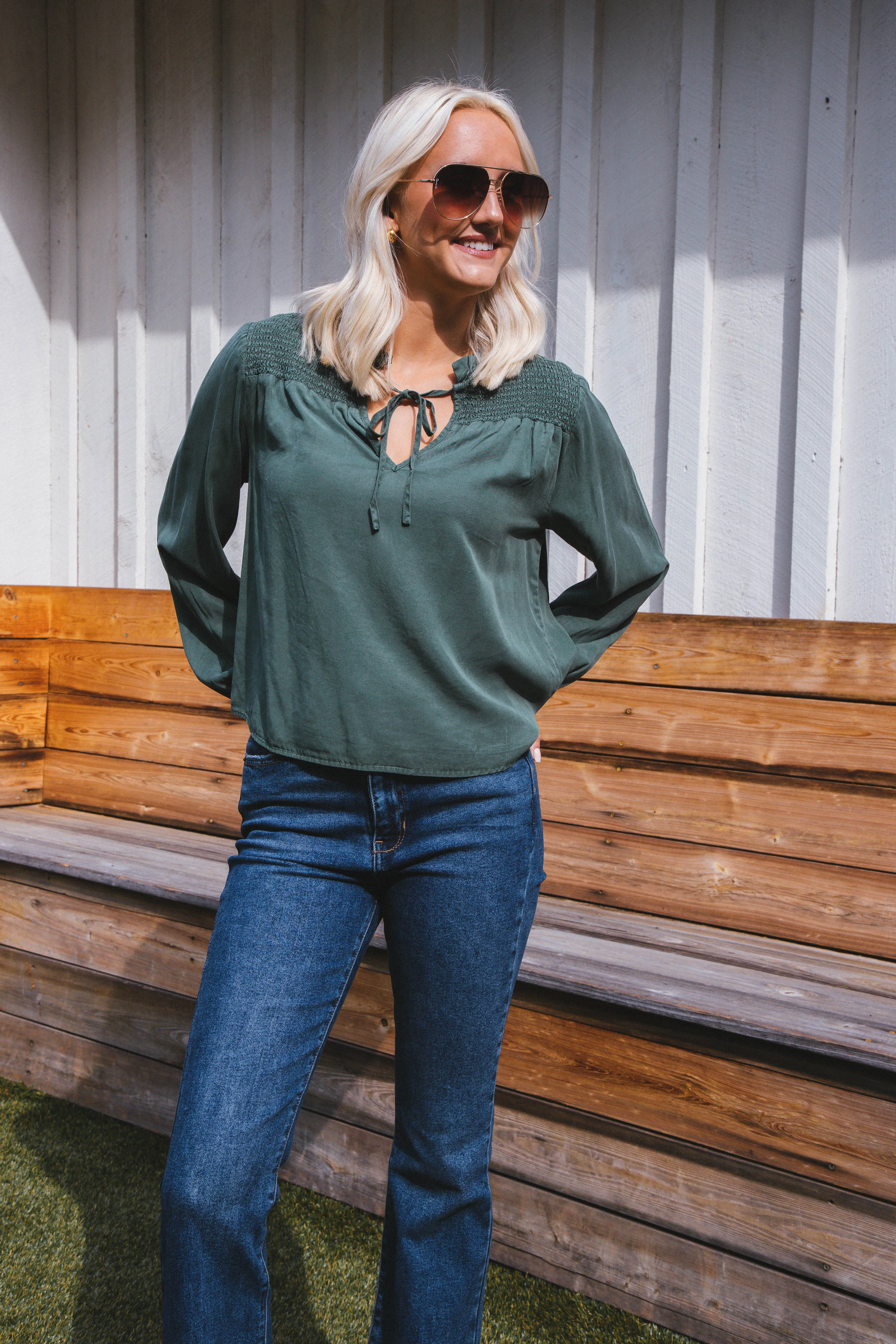 Penelope Smocked Tie Top, Dark Green | Velvet Heart sold by North & Main Clothing Company product image thumbnail 4