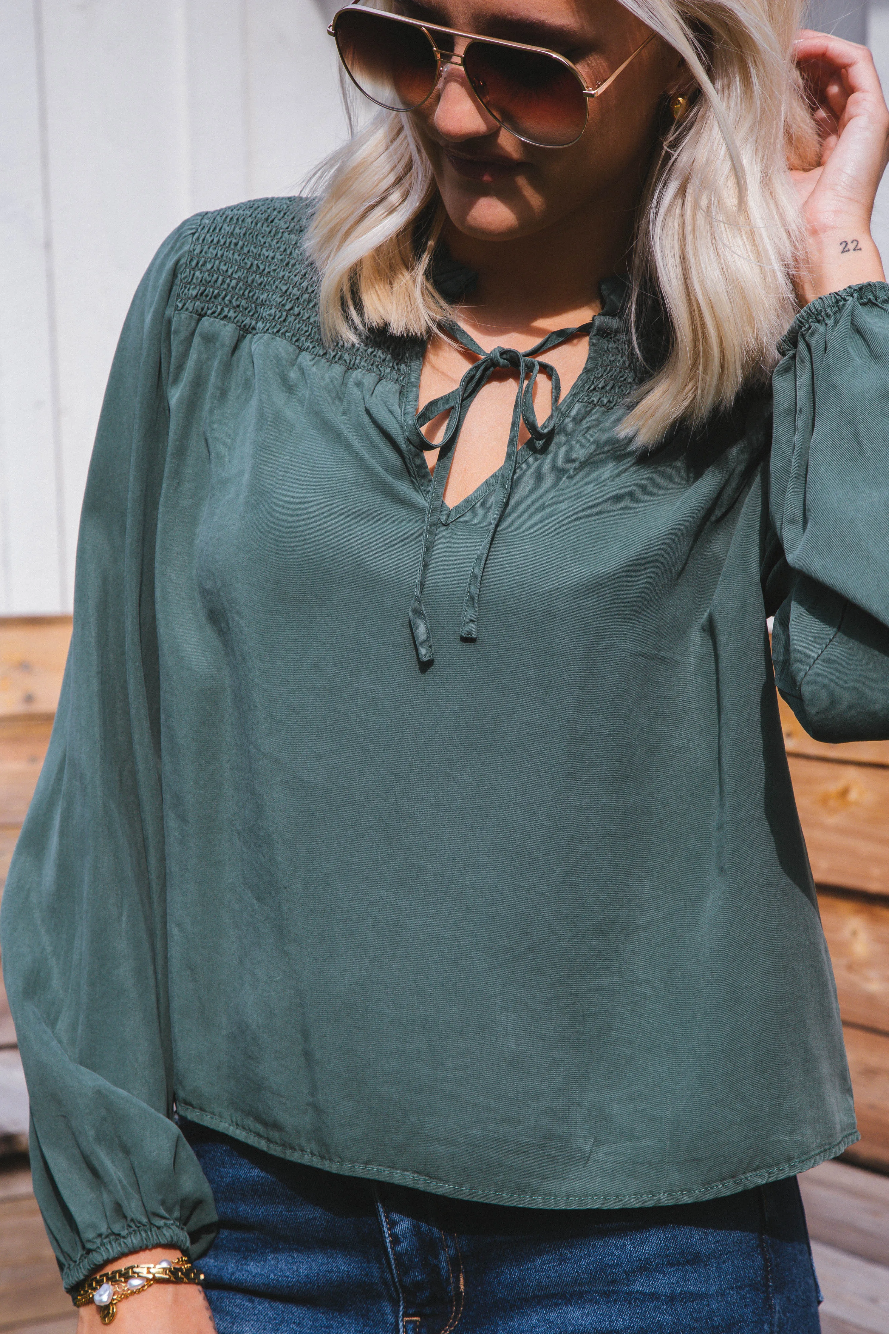 Penelope Smocked Tie Top, Dark Green | Velvet Heart sold by North & Main Clothing Company product image thumbnail 2