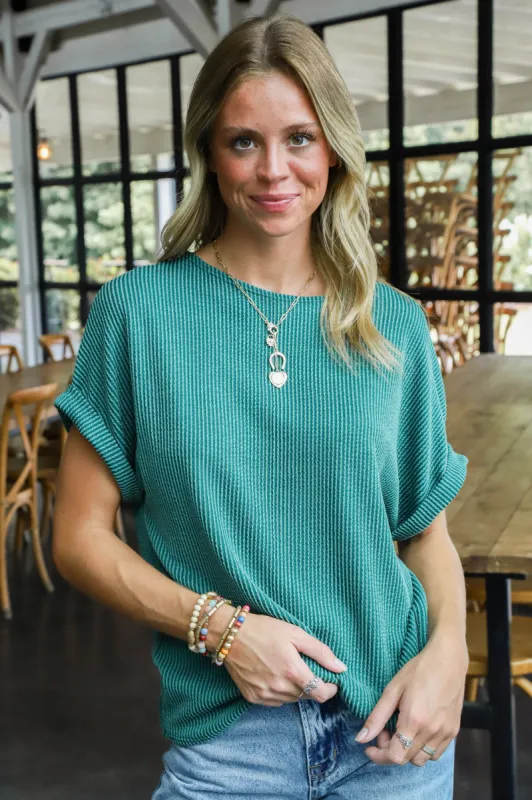 Jana Ribbed Short Sleeve Top, Hunter Green sold by North & Main Clothing Company