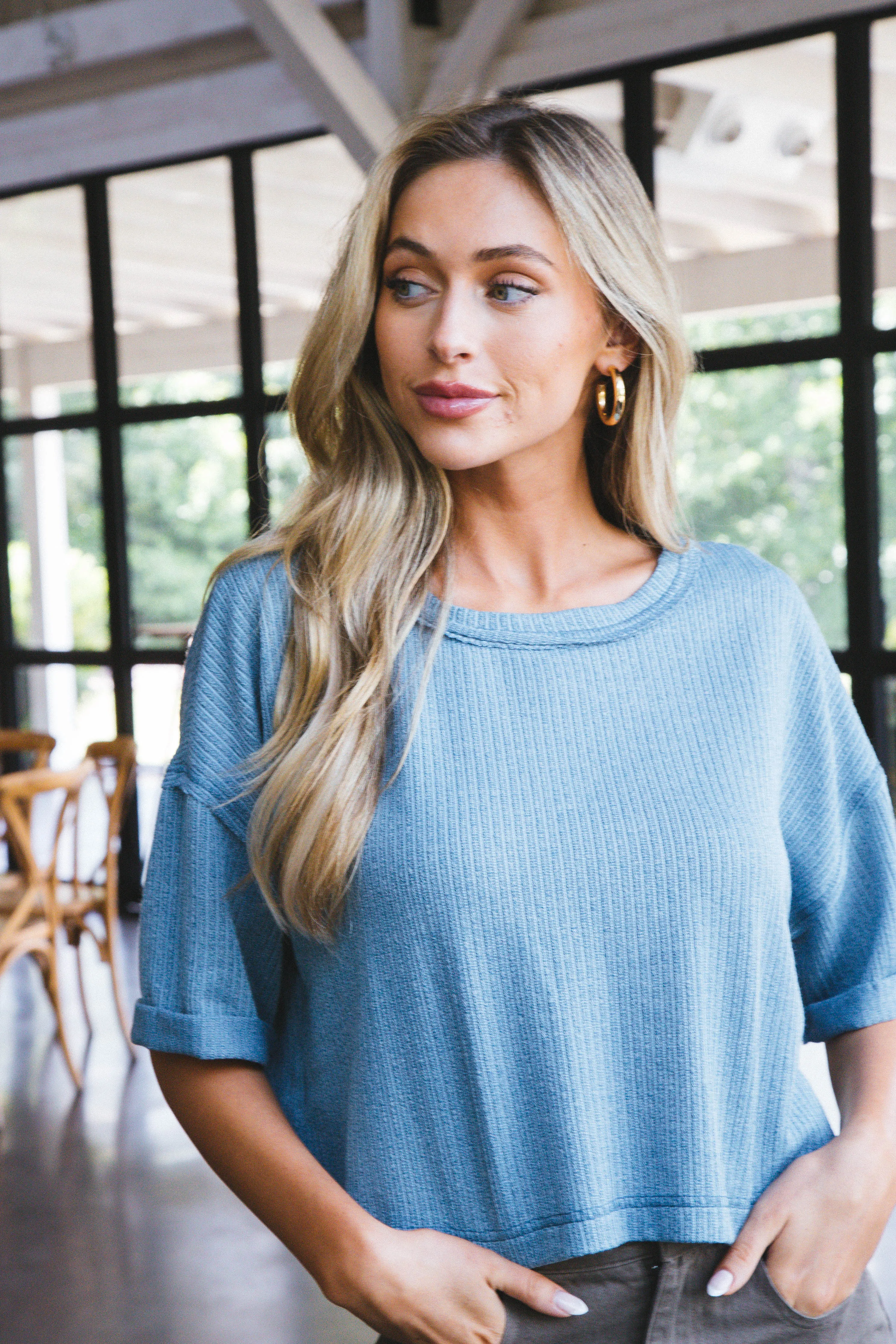 Thea Fold Sleeve Crop Top, Dusty Teal sold by North & Main Clothing Company product image thumbnail 2