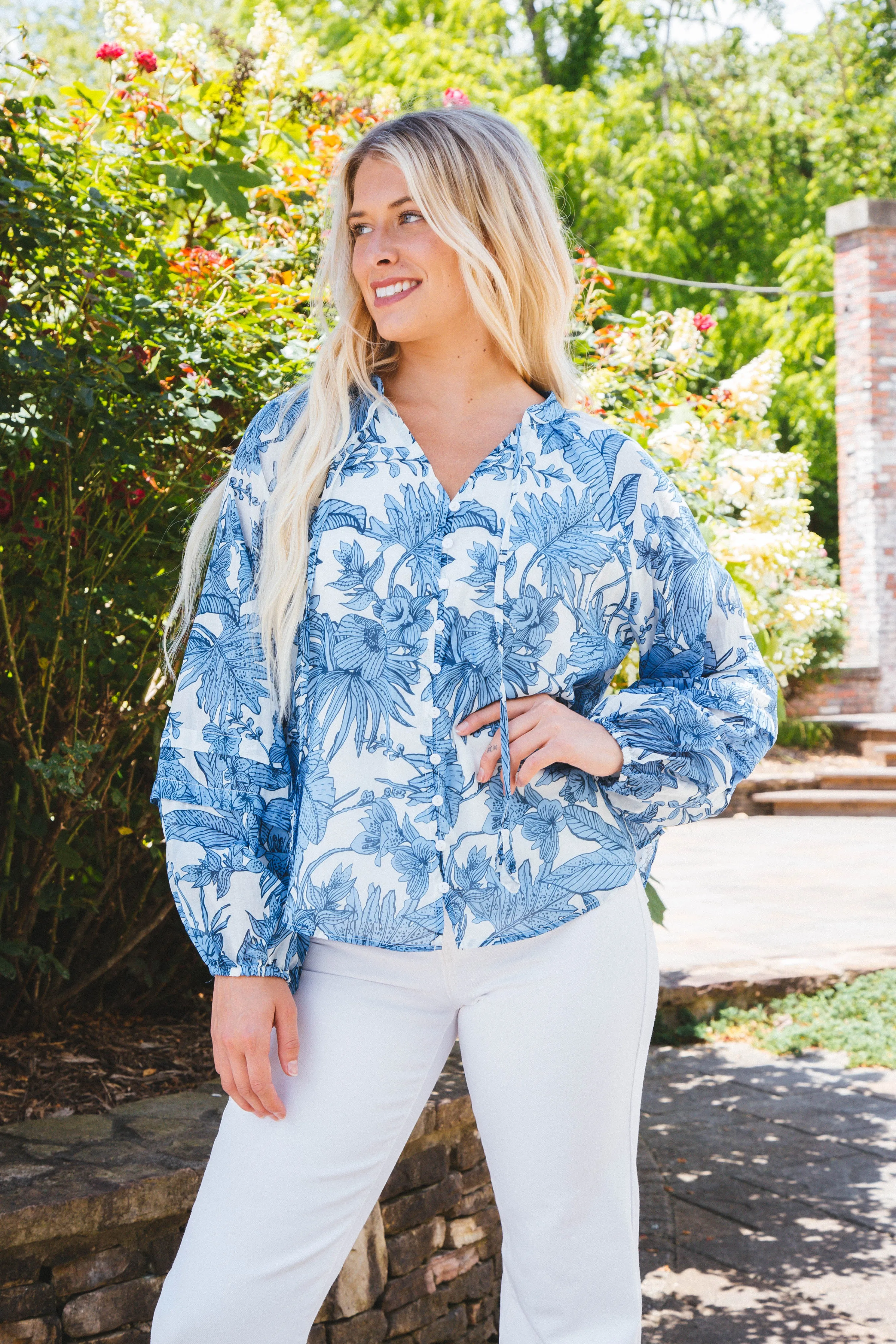 Nia Tropical Print Blouse, Blue/White sold by North & Main Clothing Company product image thumbnail 4