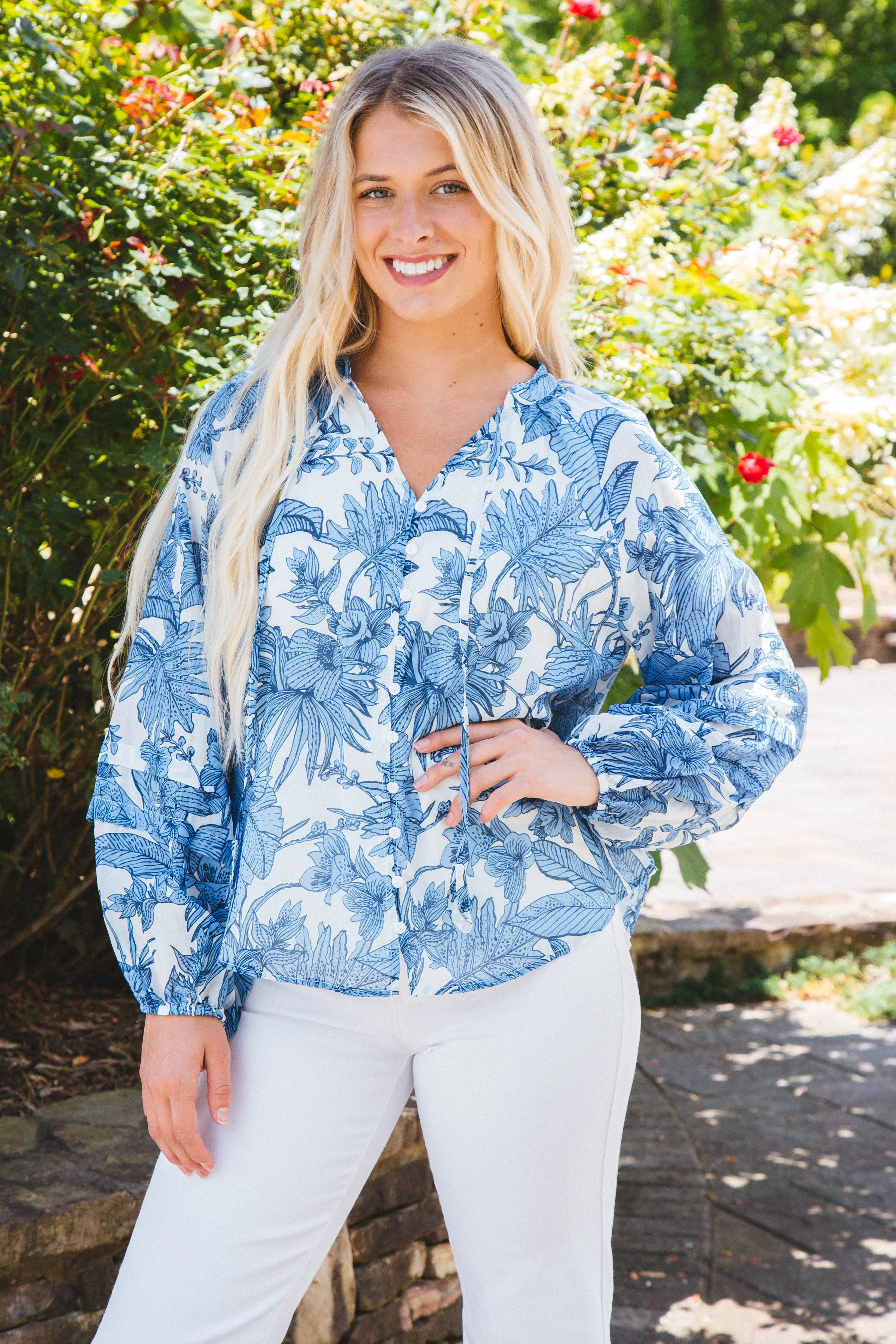 Nia Tropical Print Blouse, Blue/White sold by North & Main Clothing Company product image thumbnail 3