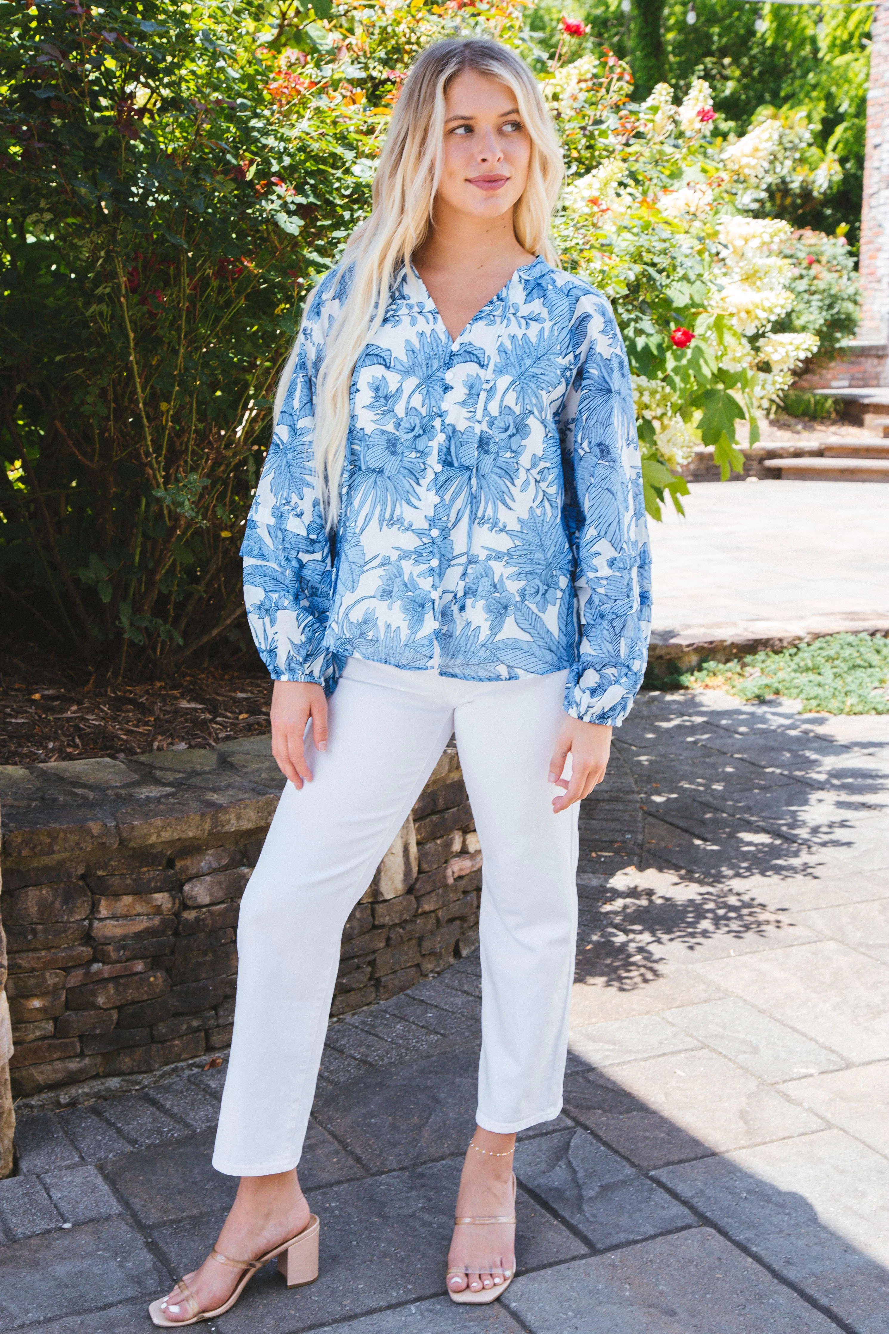 Nia Tropical Print Blouse, Blue/White sold by North & Main Clothing Company product image thumbnail 2