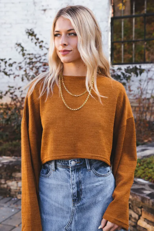 Wrenlee Long Sleeve Drop Sleeve Knit Crop Top, Camel sold by North & Main Clothing Company