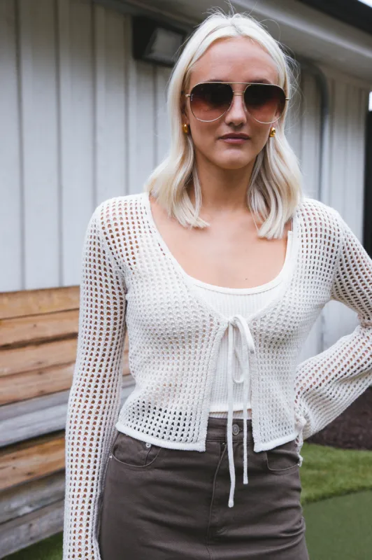 Sincerely Me Crochet Cardigan, Oatmeal sold by North & Main Clothing Company